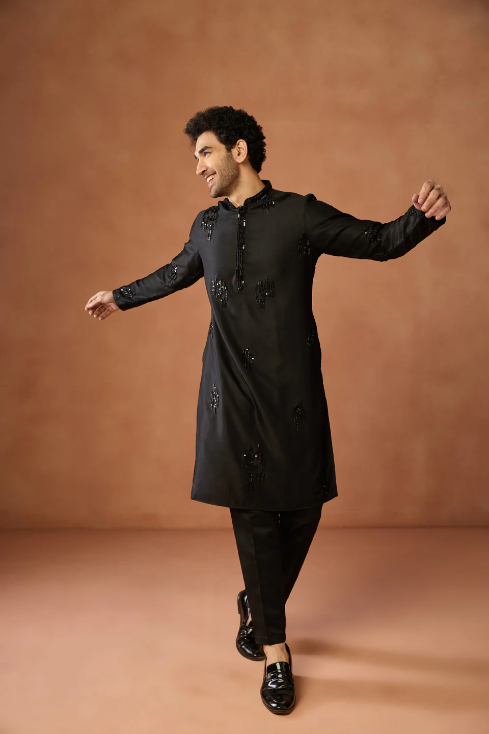 Black Silk Blend Beaded Long Kurta - Image 7
