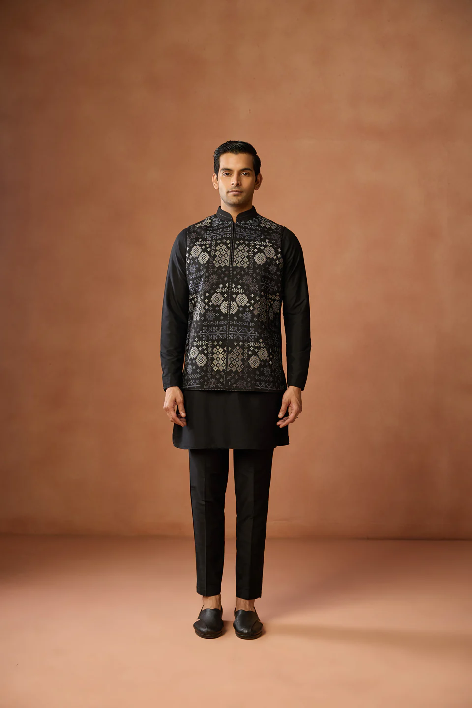 Black Silk Blend Brocade Jacket Kurta Trouser Set - Image 3