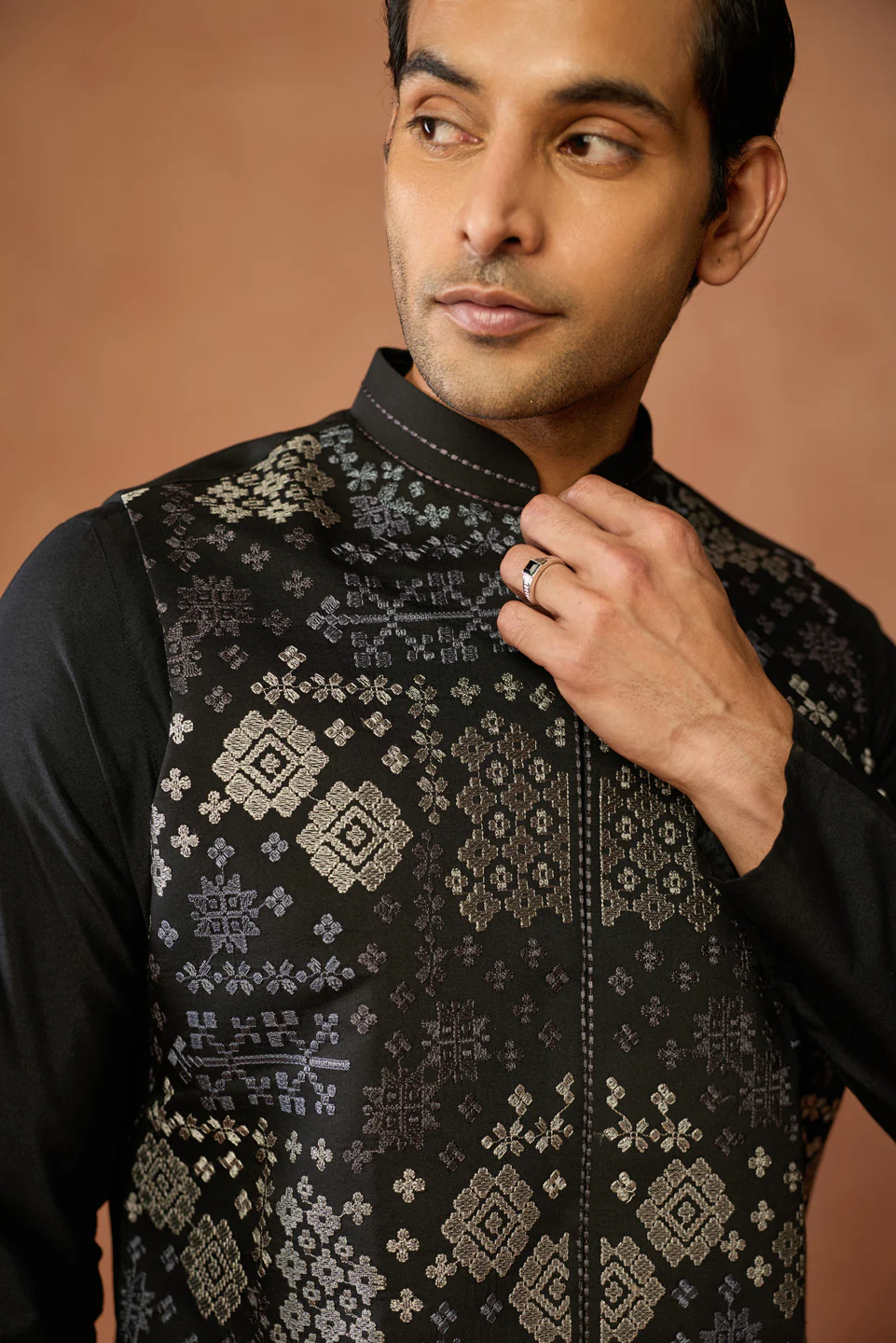 Black Silk Blend Brocade Jacket Kurta Trouser Set - Image 5