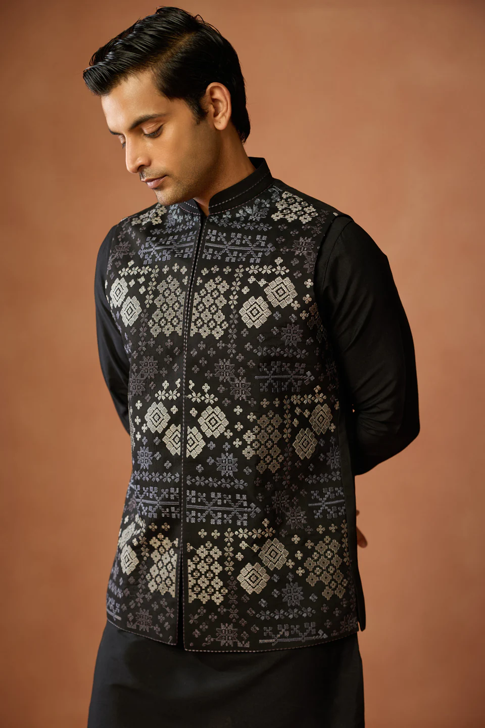 Black Silk Blend Brocade Jacket Kurta Trouser Set - Image 8