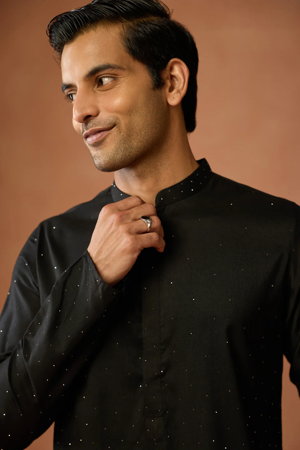 Black Silk Blend Embellished Long Kurta - Image 5