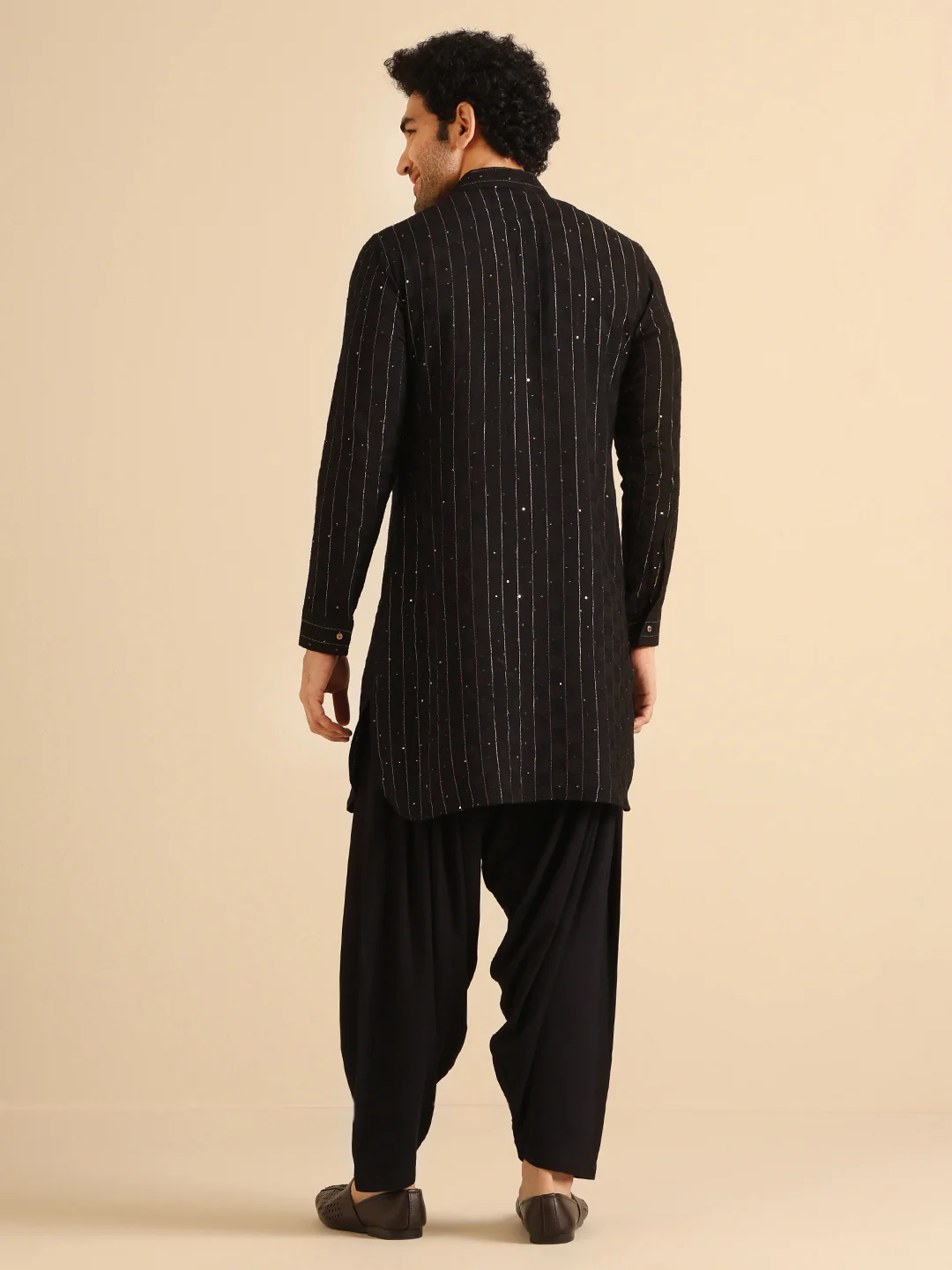 Black Silk Blend Embellished Long Pathani Kurta - Image 4