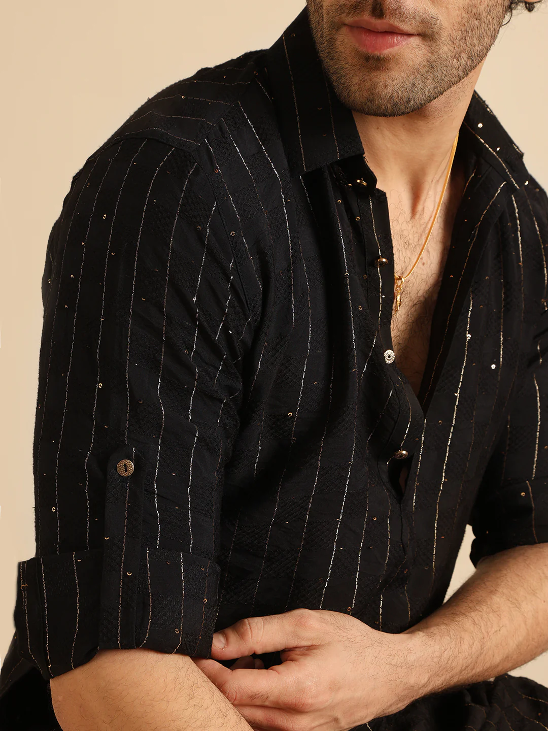 Black Silk Blend Embellished Long Pathani Kurta - Image 5