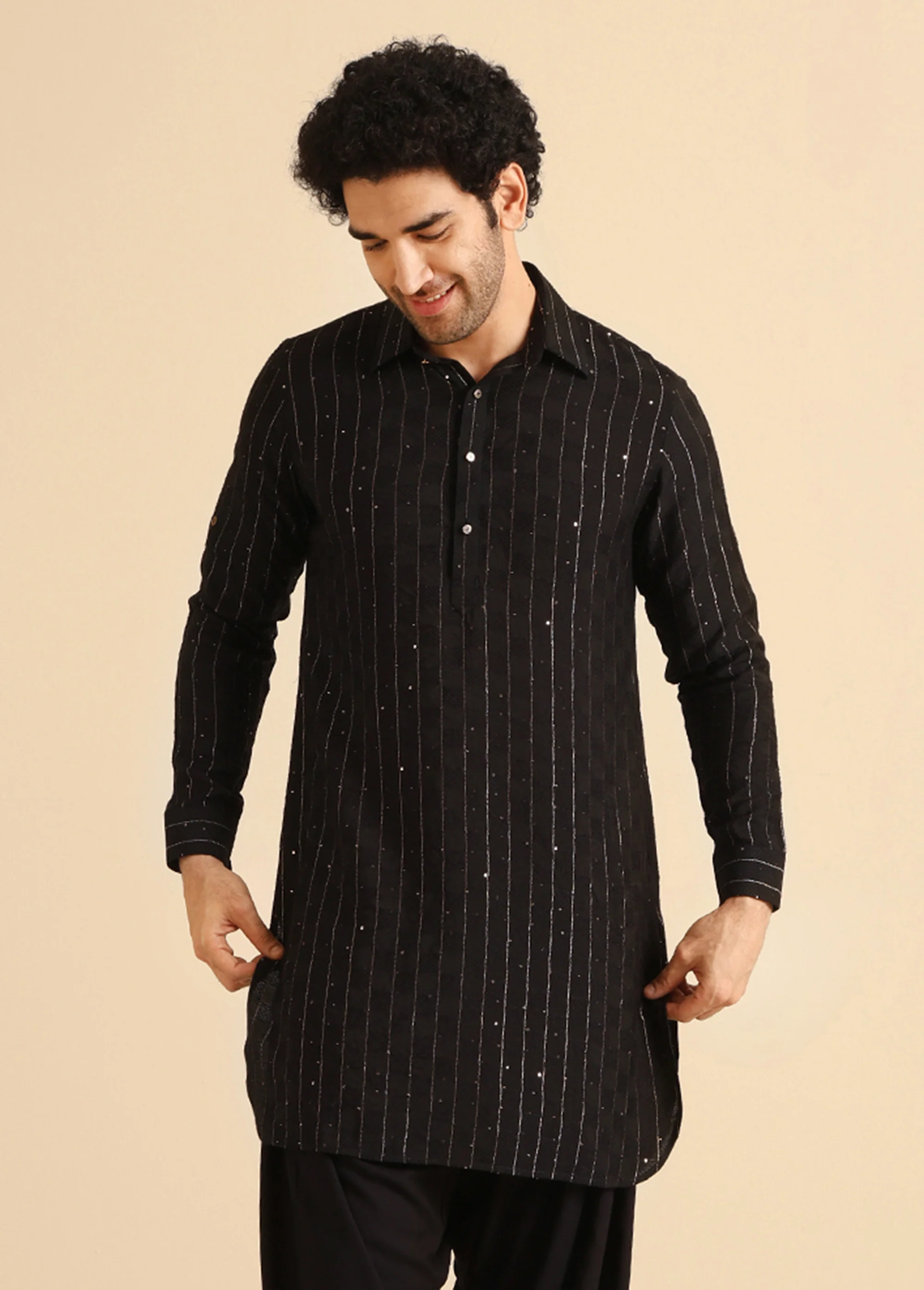 Black Silk Blend Embellished Long Pathani Kurta - Image 7