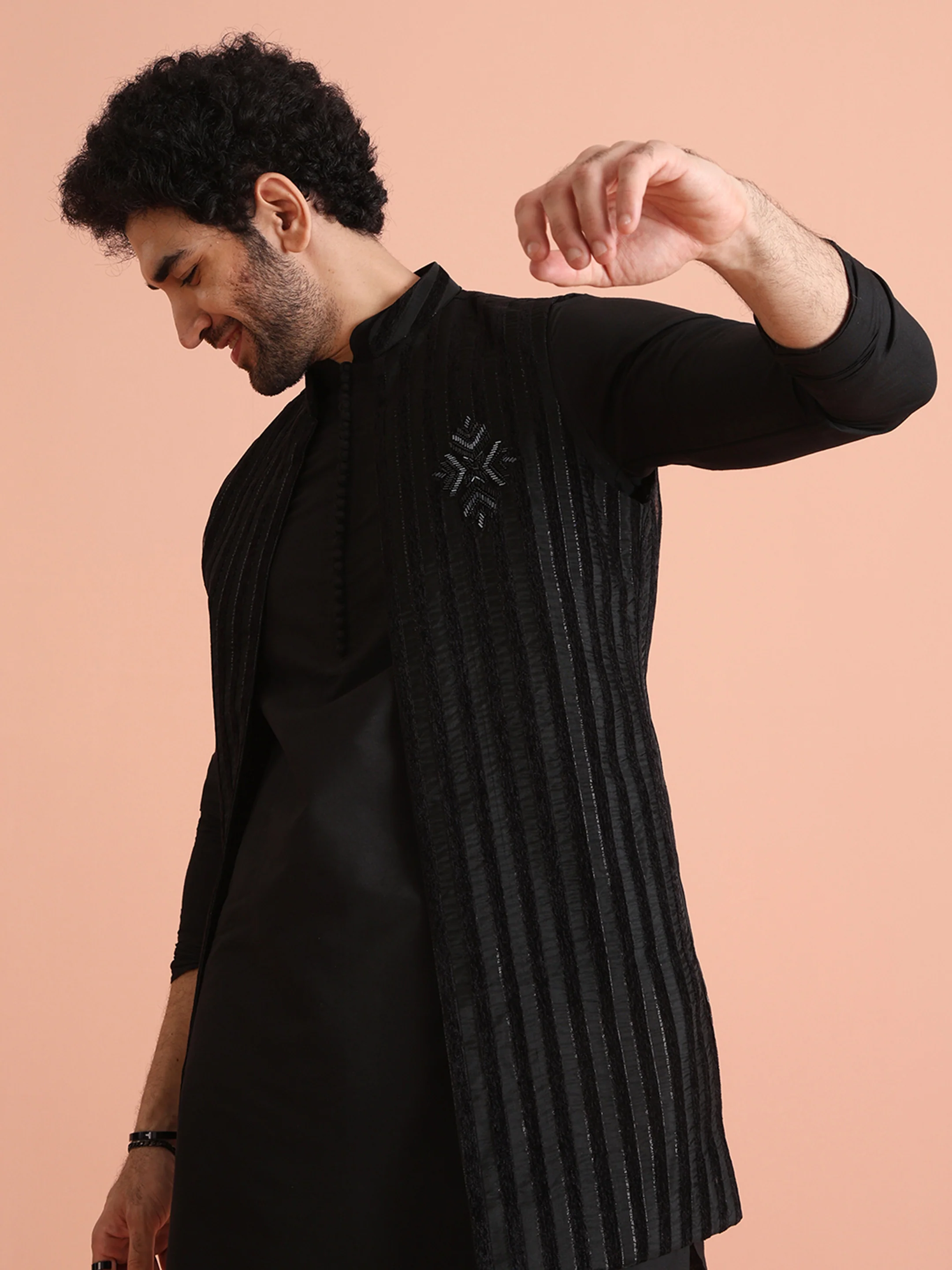 Black Silk Blend Embellished Mid Kurta Jacket Trouser Set - Image 7