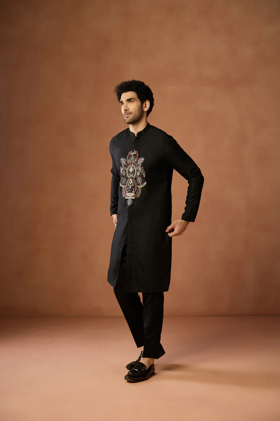 Black Silk Blend Embroidered Front Open Kurta - Image 2