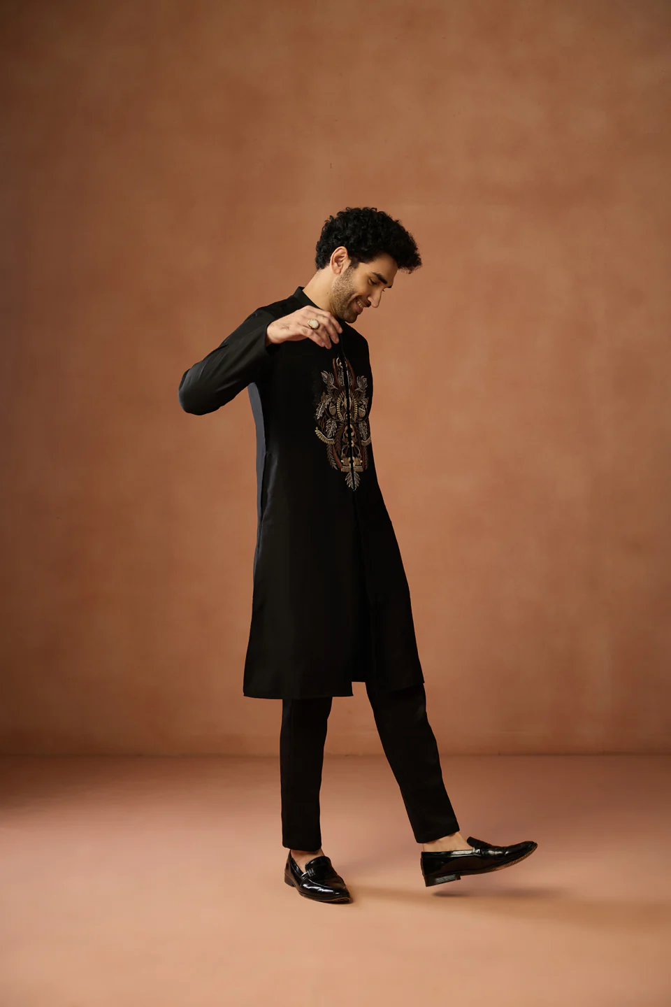 Black Silk Blend Embroidered Front Open Kurta - Image 3
