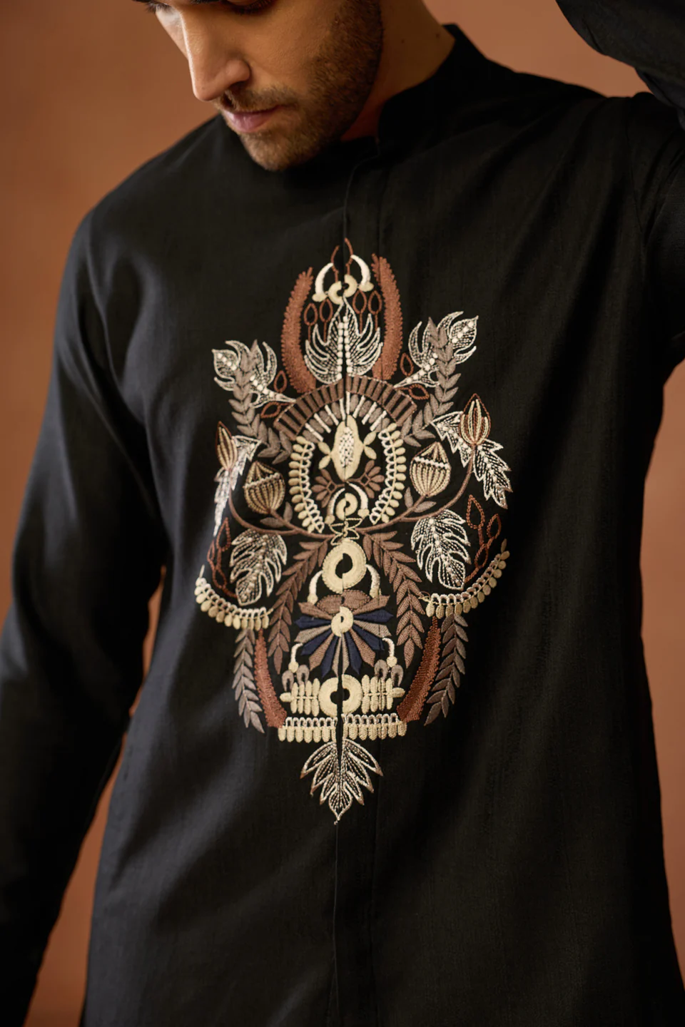 Black Silk Blend Embroidered Front Open Kurta - Image 5