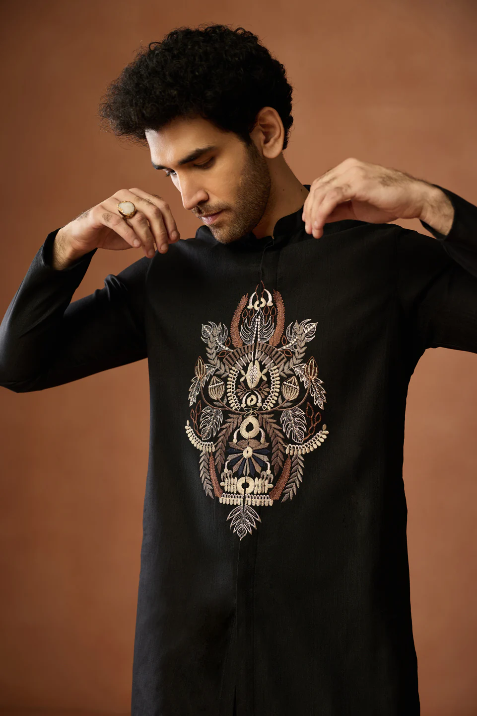 Black Silk Blend Embroidered Front Open Kurta - Image 6