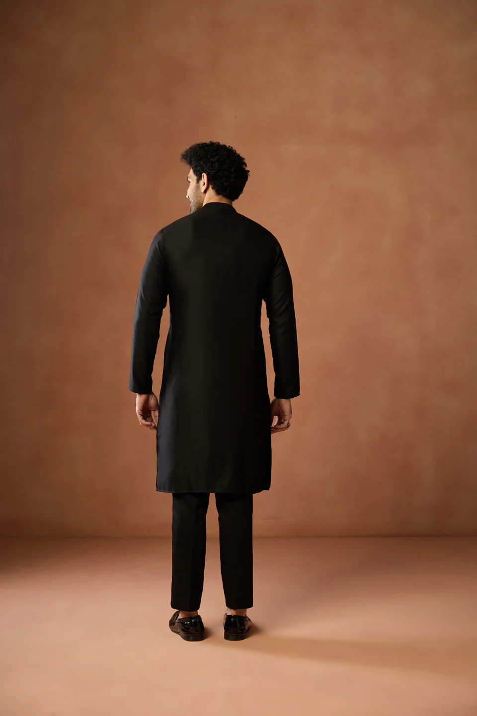 Black Silk Blend Embroidered Front Open Kurta Trouser Set - Image 4