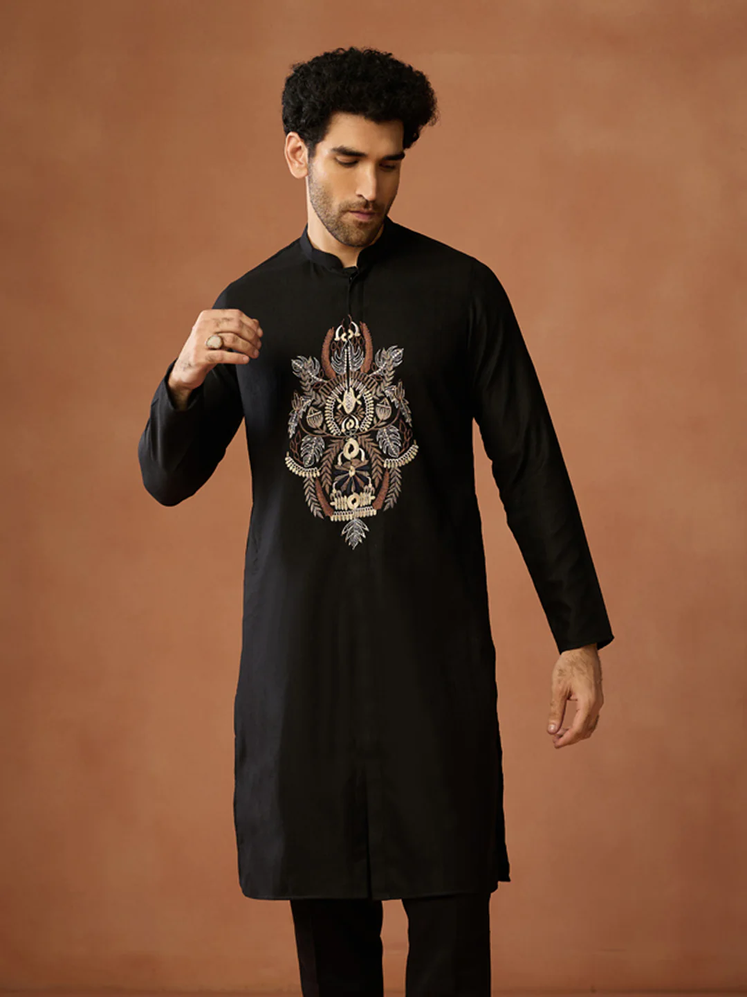Black Silk Blend Embroidered Front Open Kurta Trouser Set - Image 8