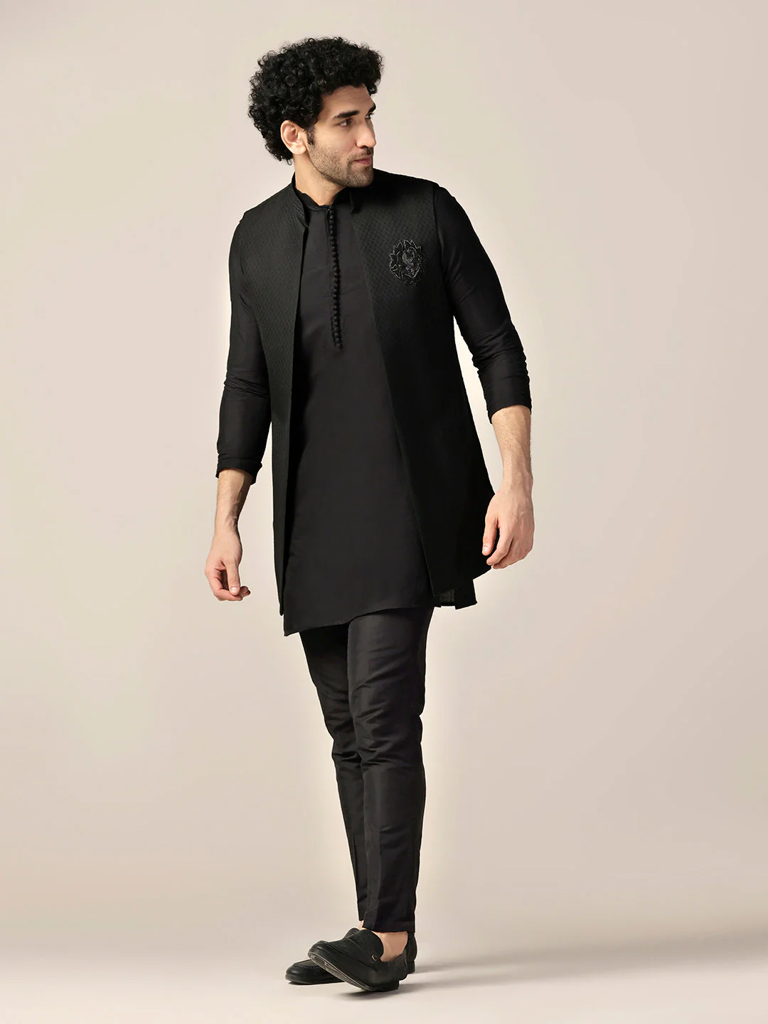 Black Silk Blend Embroidered Jacket Kurta Trouser Set - Image 4