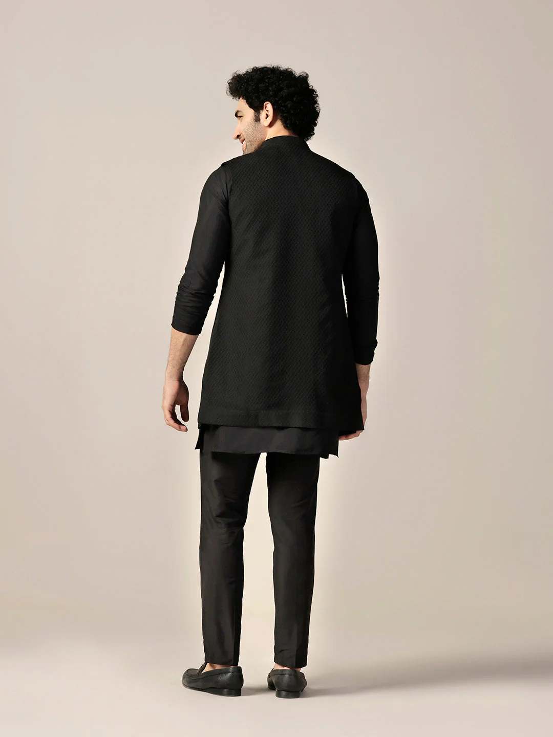 Black Silk Blend Embroidered Jacket Kurta Trouser Set - Image 5