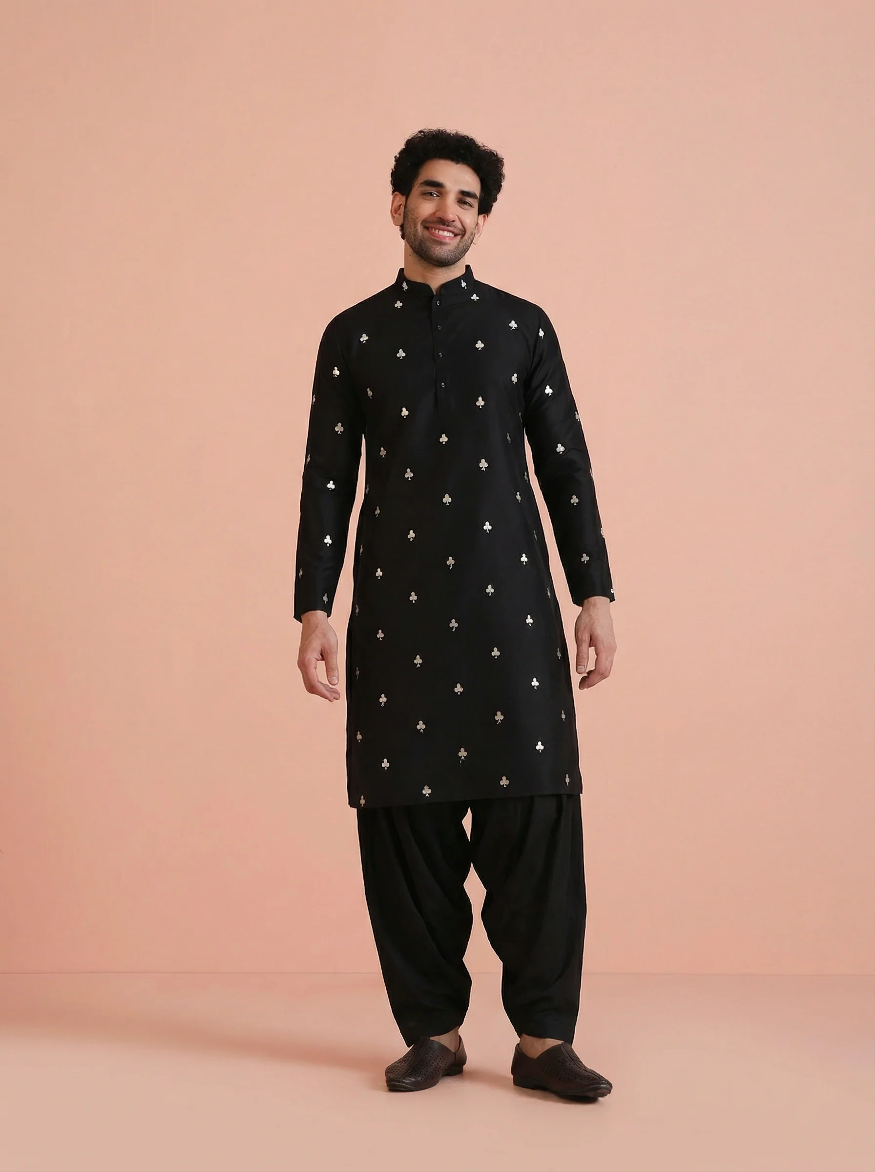 Black Silk Blend Embroidered Kurta Patiyala Set - Image 8