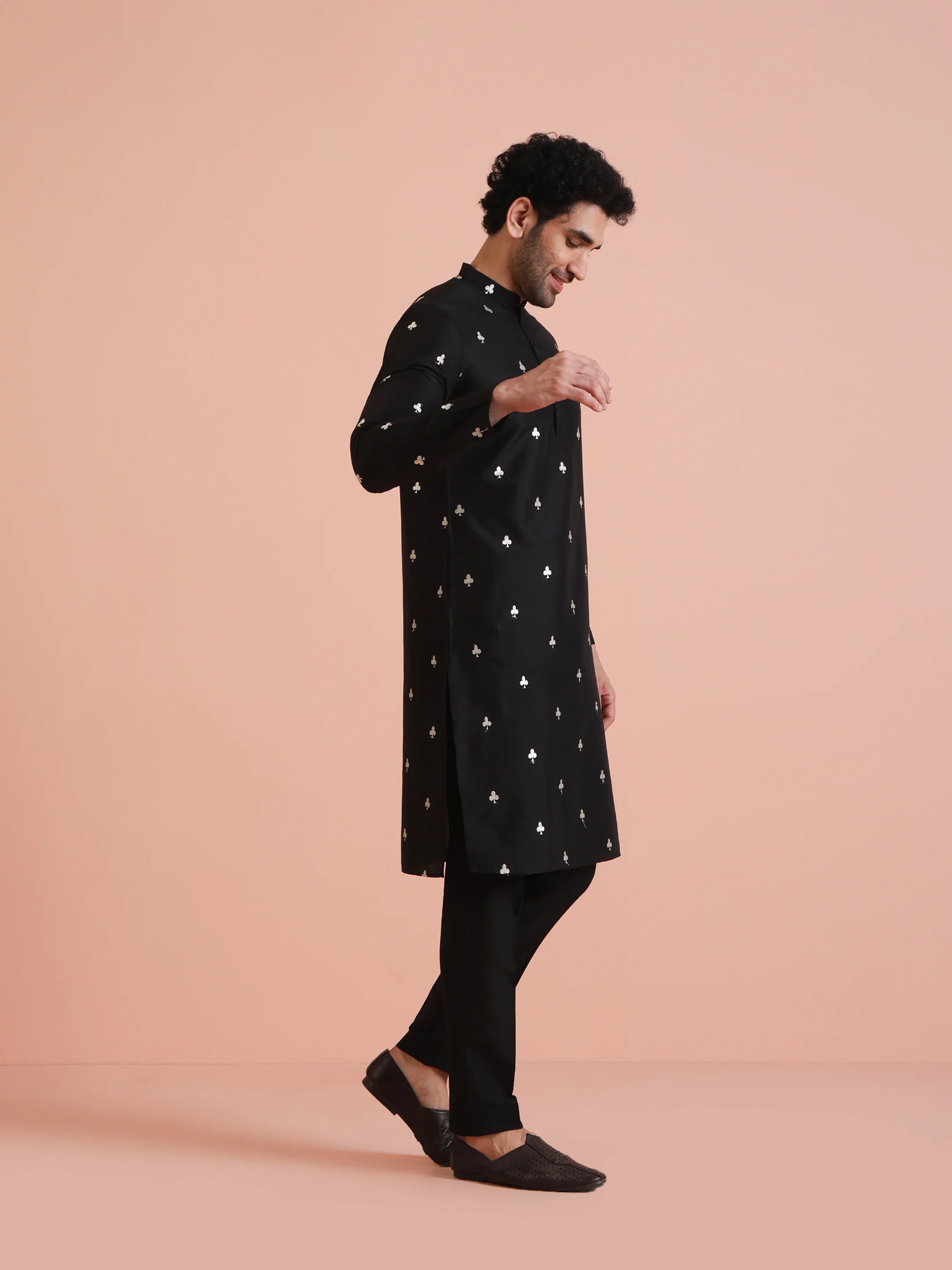 Black Silk Blend Embroidered Kurta Trouser Set - Image 3