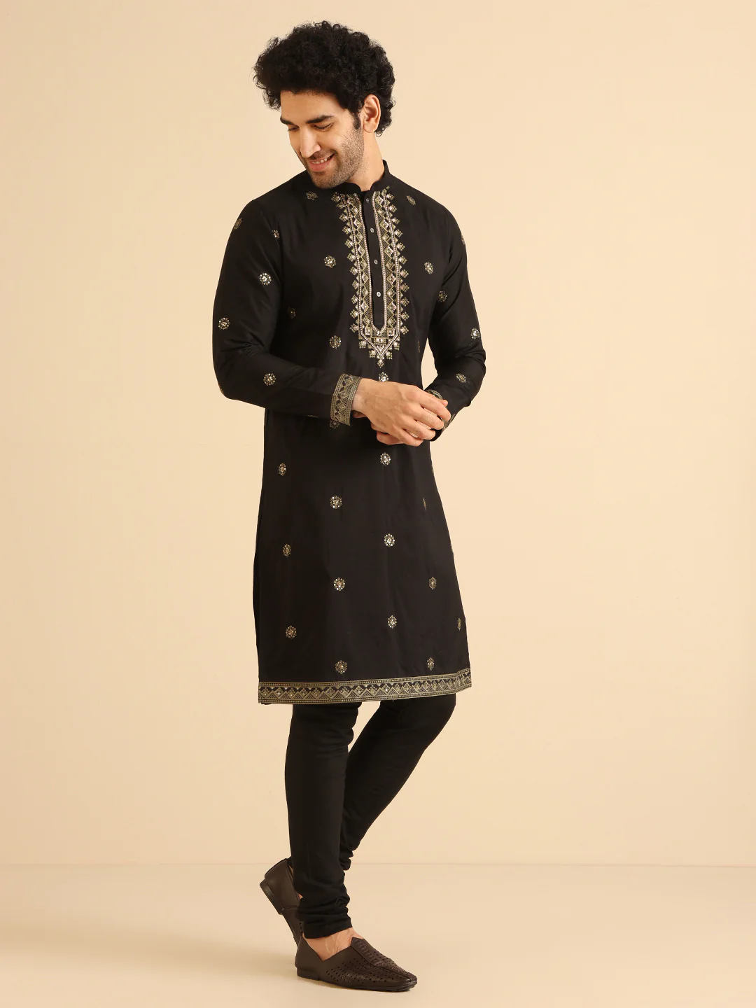Black Silk Blend Embroidered Long Kurta - Image 2