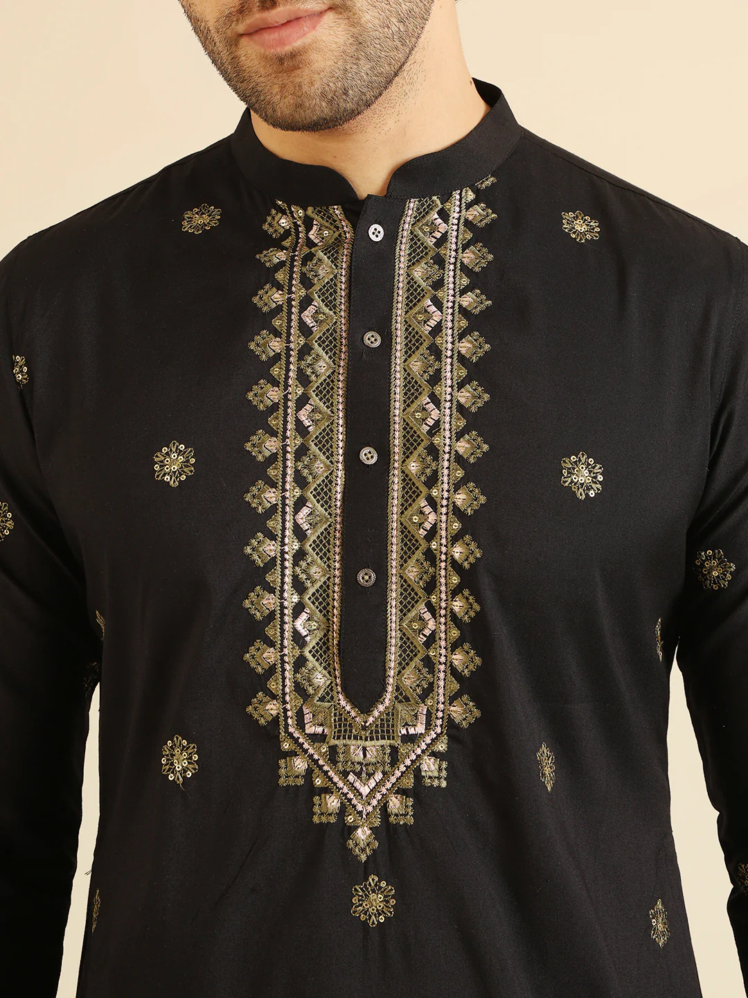 Black Silk Blend Embroidered Long Kurta - Image 5