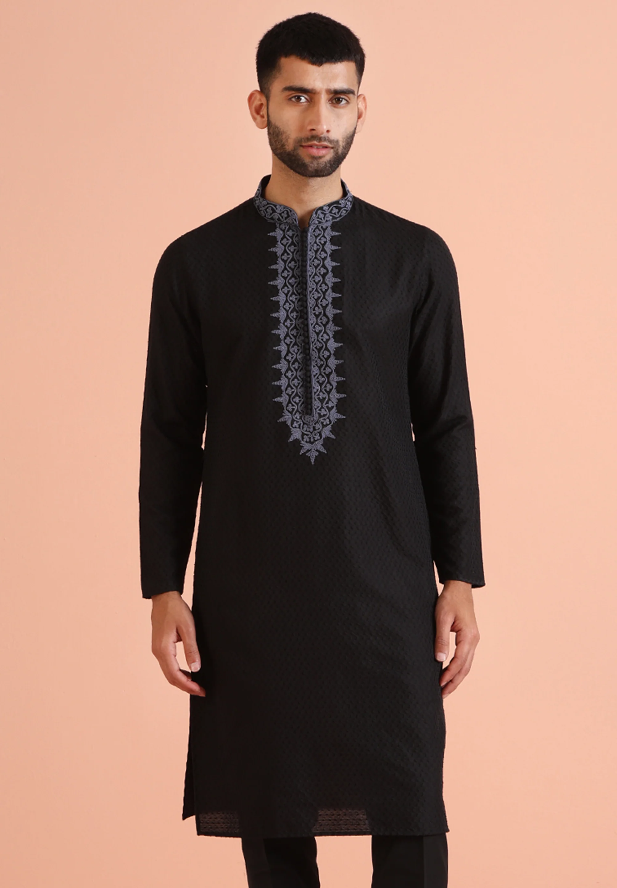 Black Silk Blend Embroidered Long Kurta - Image 7