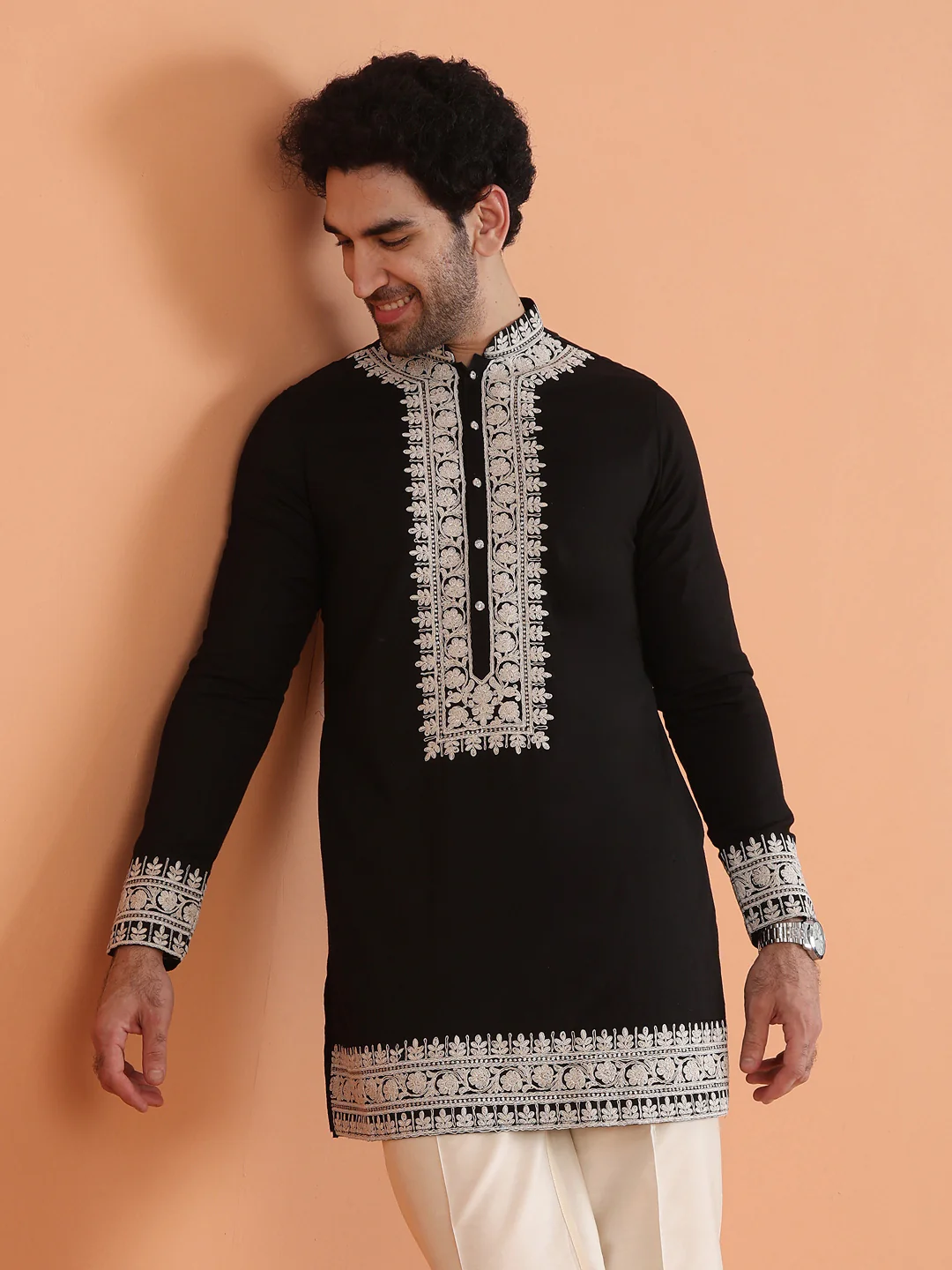 Black Silk Blend Embroidered Mid Kurta - Image 8