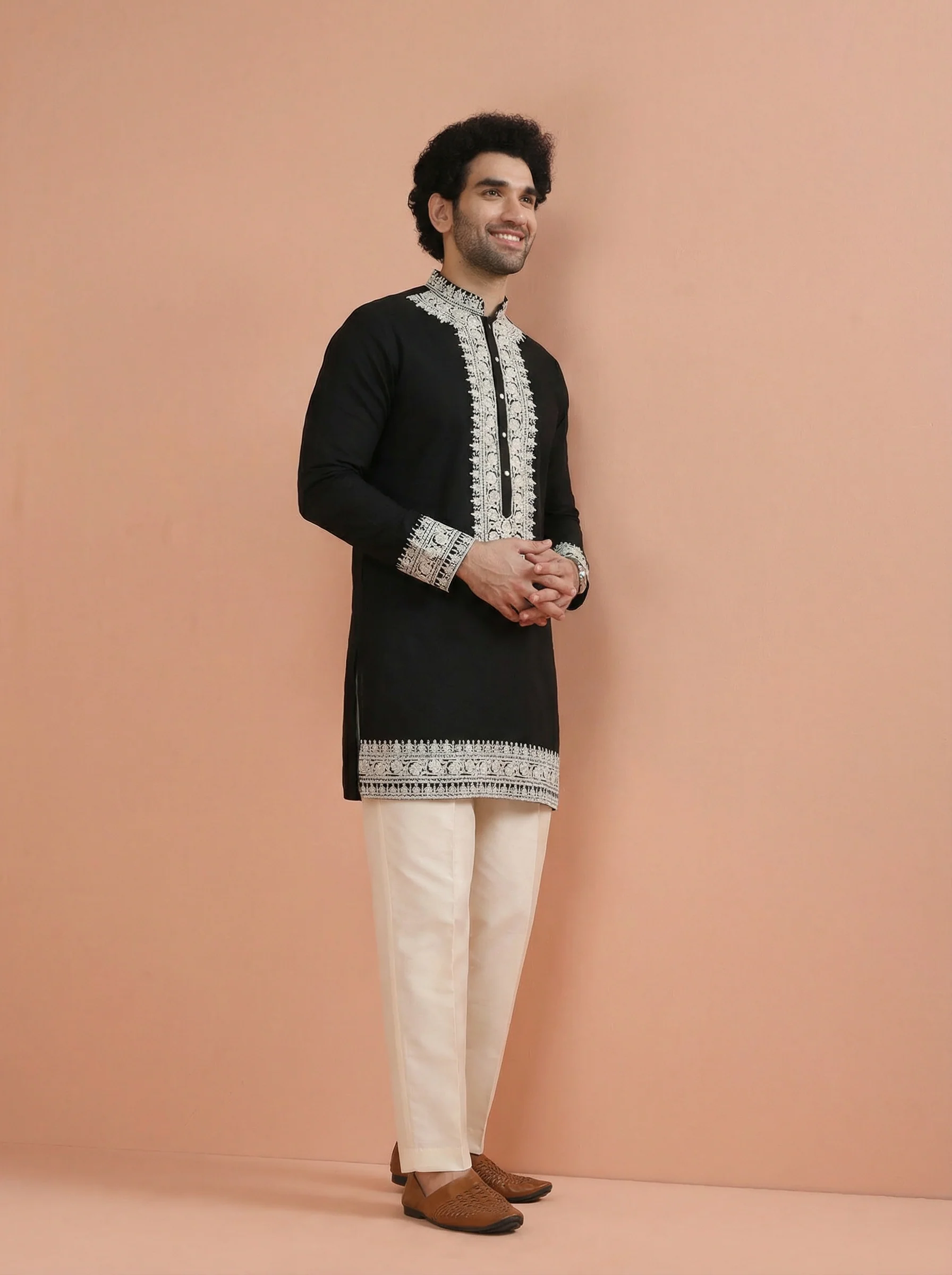 Black Silk Blend Embroidered Mid Kurta Wide Leg Pant Set - Image 7