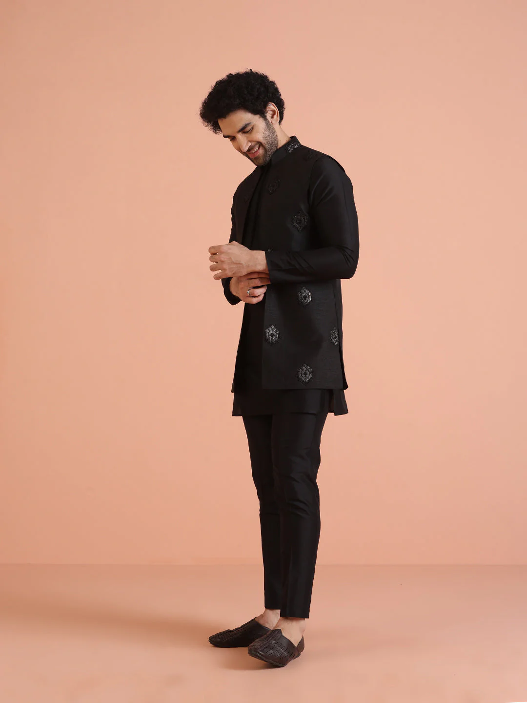 Black Silk Blend Embroidered Nehru Jacket Set - Image 3