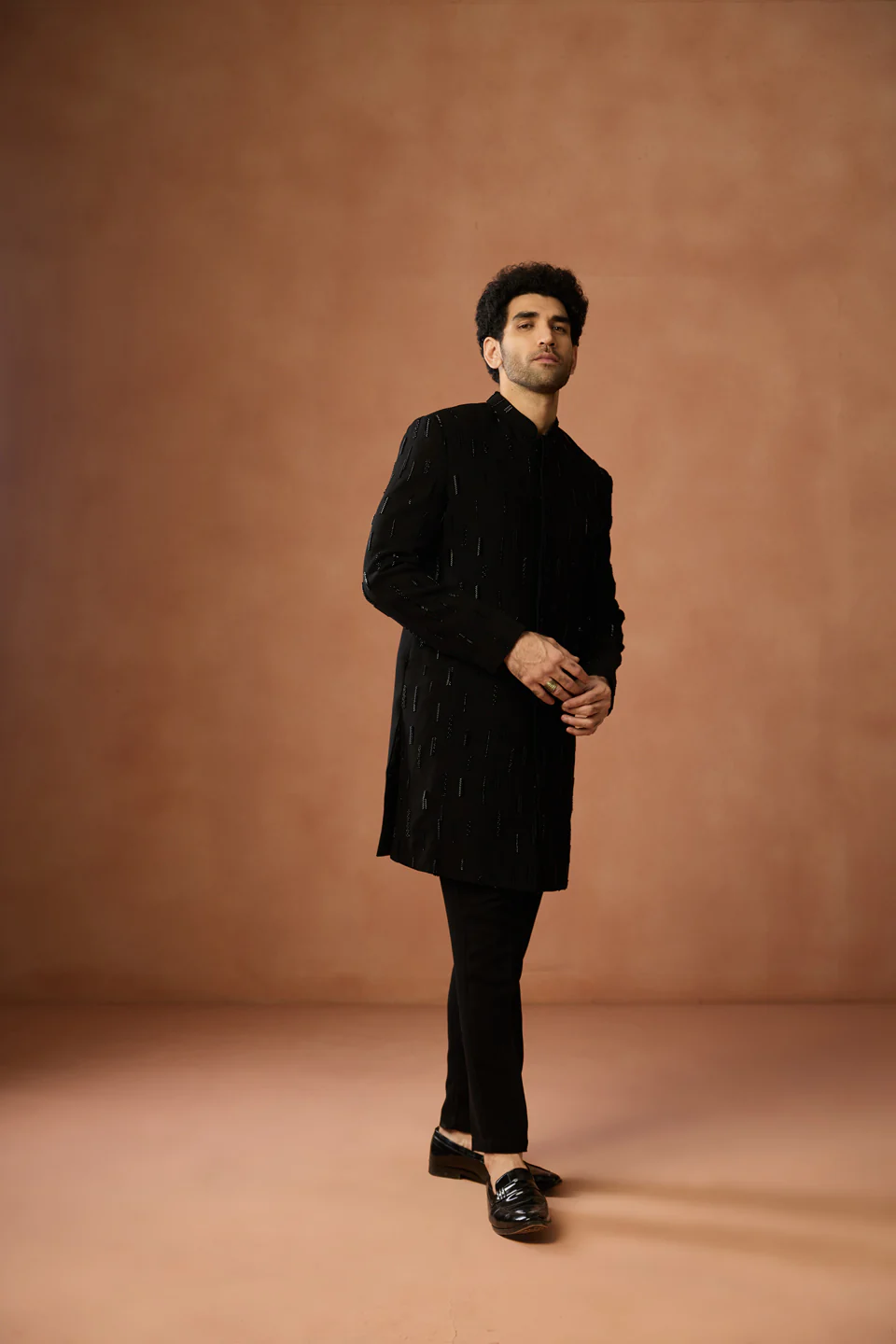 Black Silk Blend Embroidered Sherwani Trouser Set Achkan - Image 2