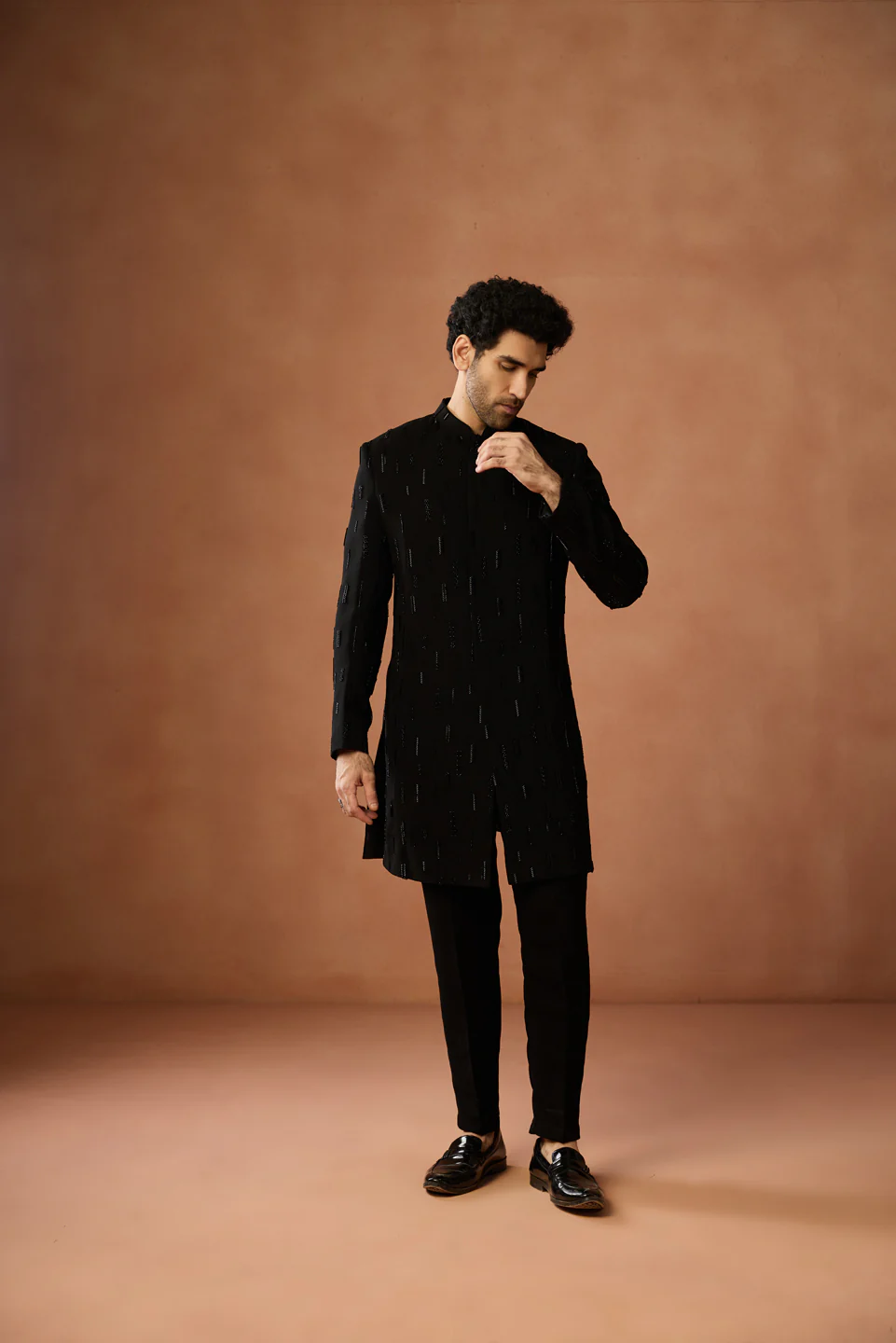 Black Silk Blend Embroidered Sherwani Trouser Set Achkan - Image 3