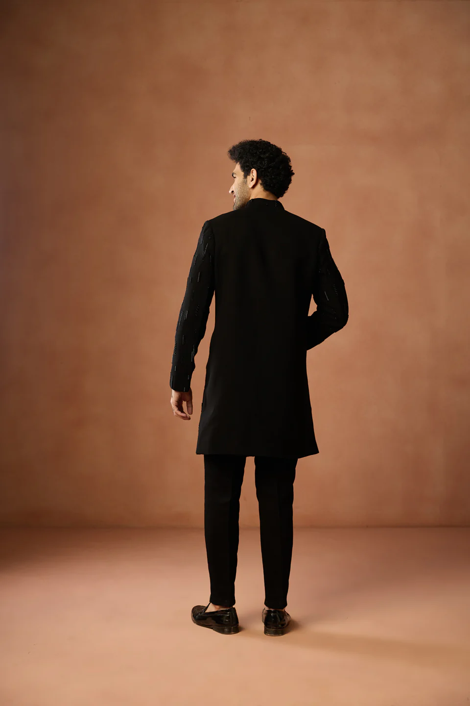 Black Silk Blend Embroidered Sherwani Trouser Set Achkan - Image 4