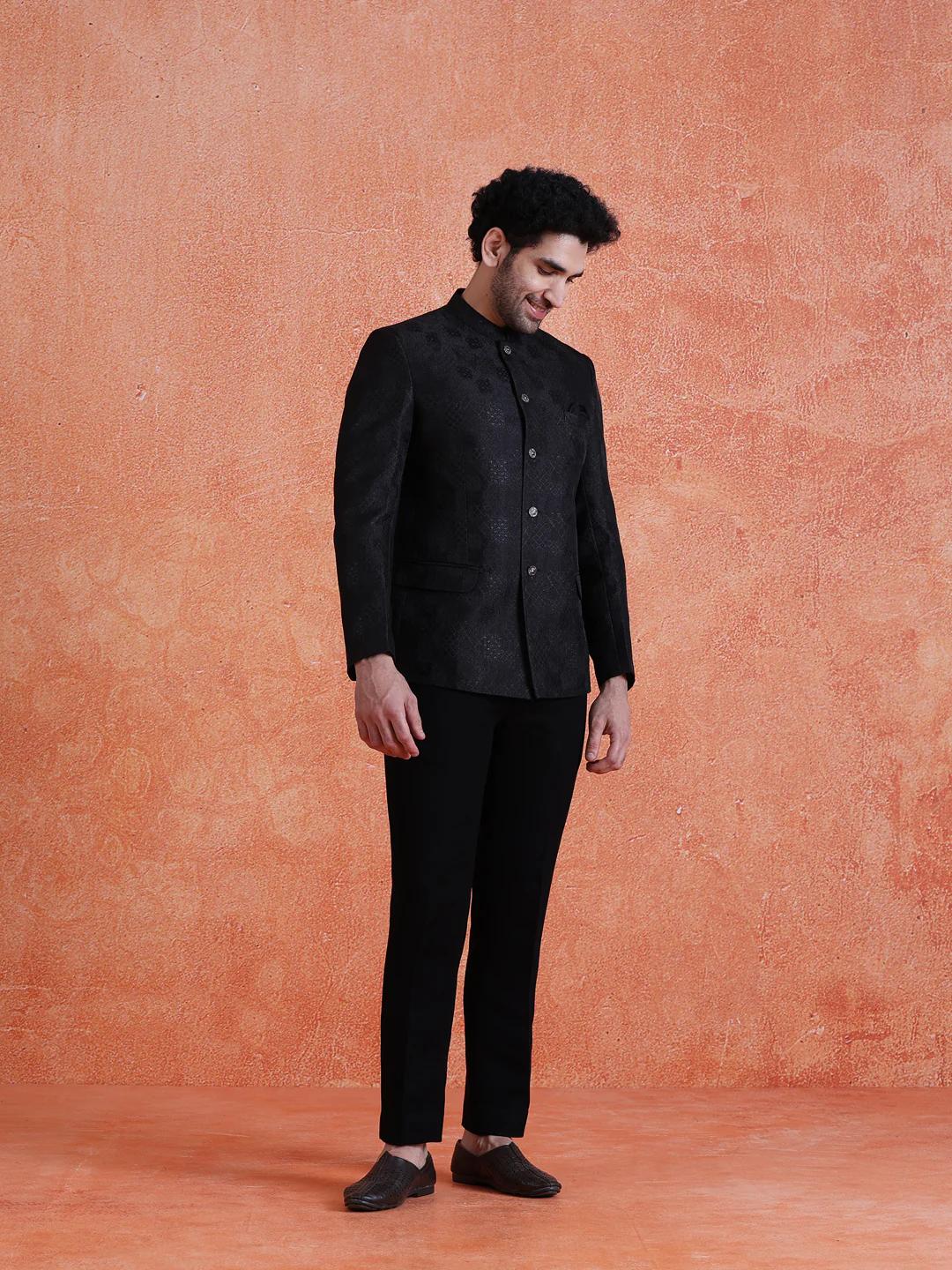 Black Silk Blend Jacquard Bandhgala - Image 3
