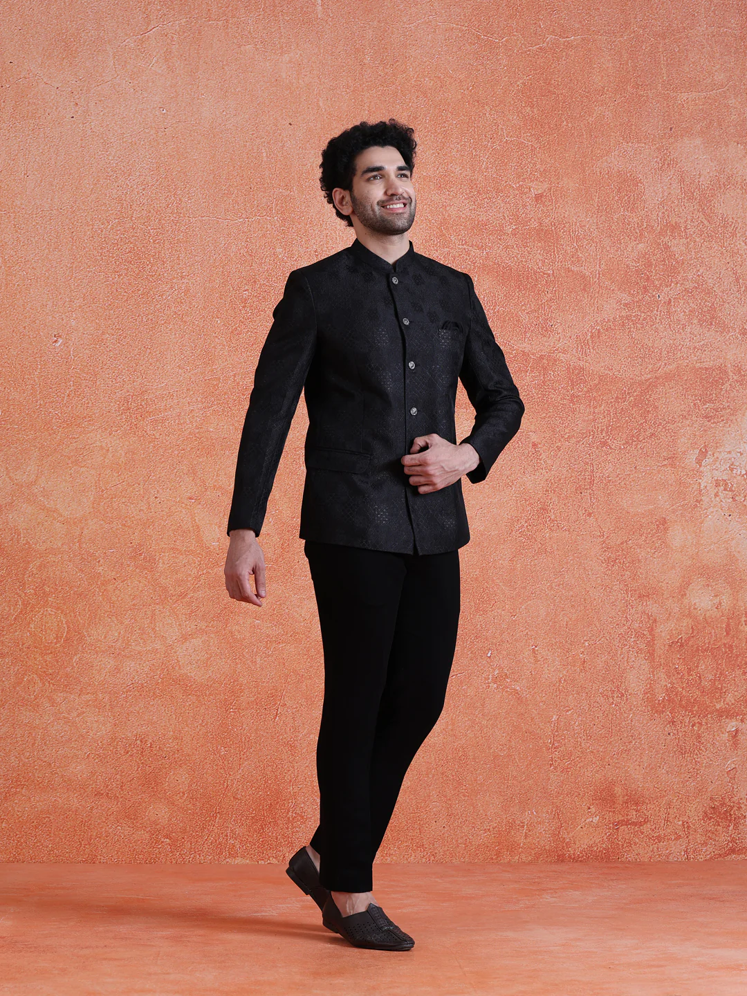 Black Silk Blend Jacquard Bandhgala - Image 6