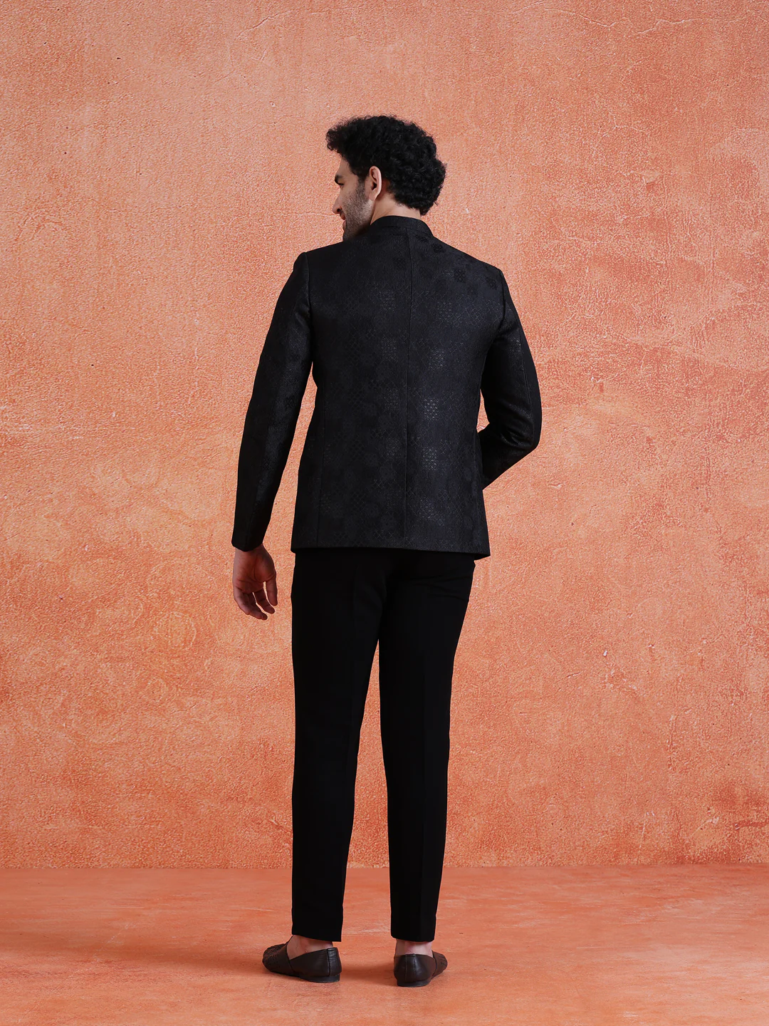 Black Silk Blend Jacquard Bandhgala Trouser Set - Image 4