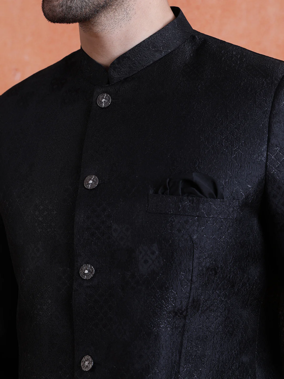 Black Silk Blend Jacquard Bandhgala Trouser Set - Image 5