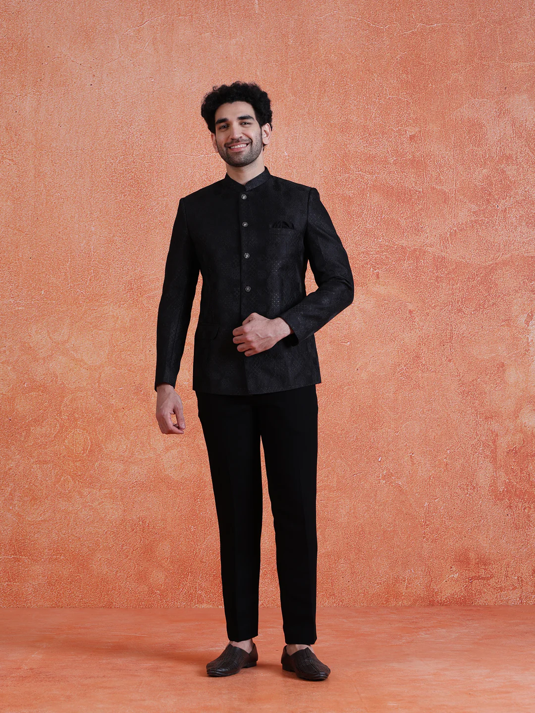 Black Silk Blend Jacquard Bandhgala Trouser Set - Image 8