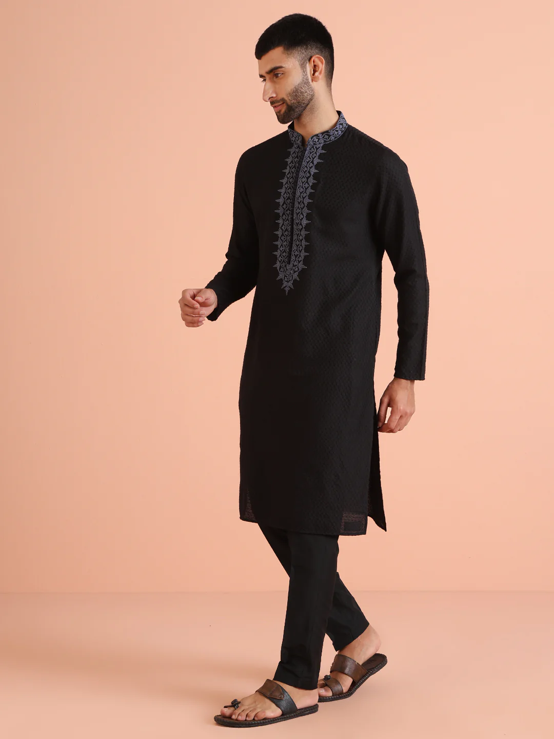 Black Silk Blend Jacquard Embroidered Kurta Trouser Set - Image 3