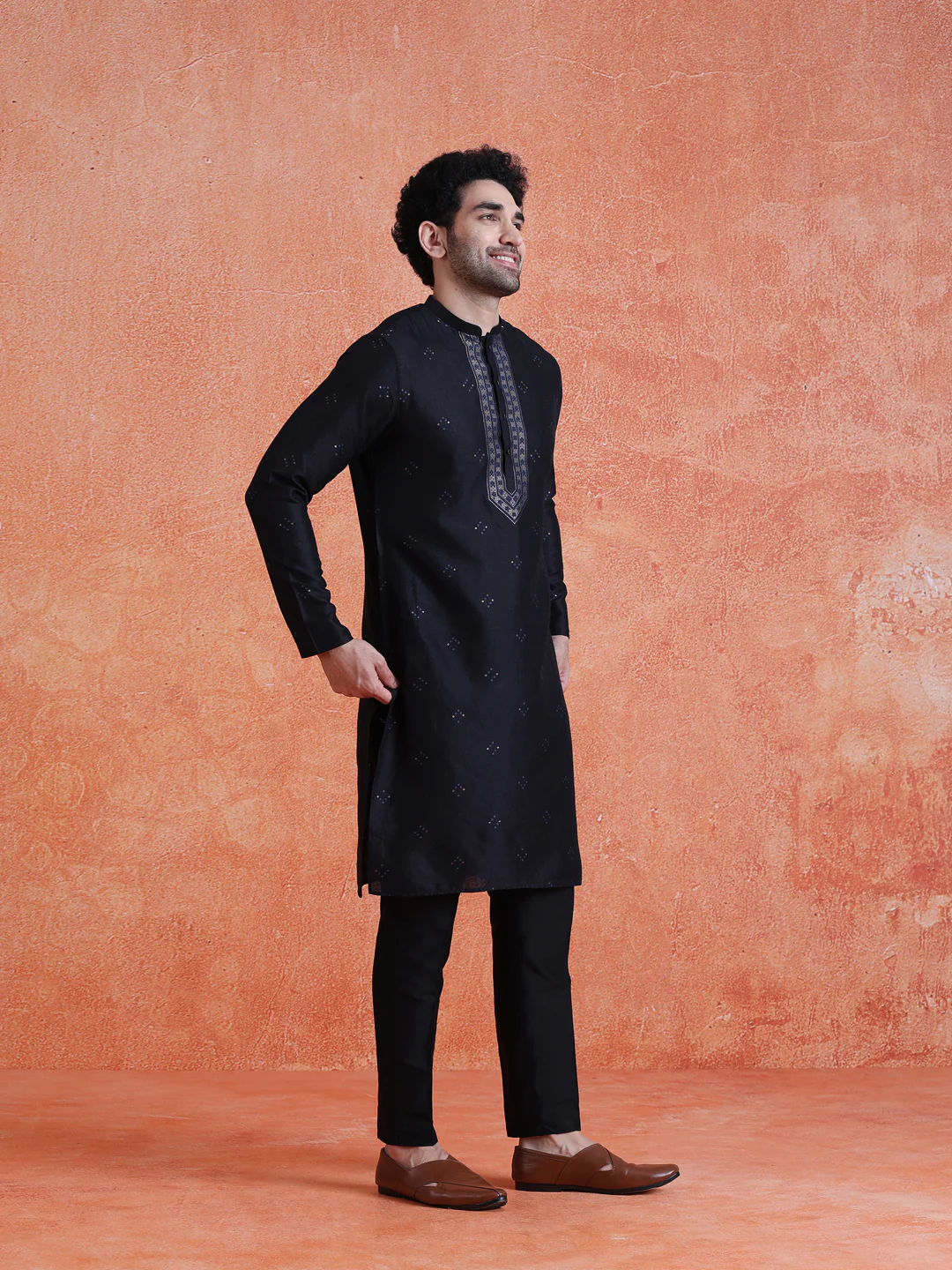 Black Silk Blend Jacquard Kurta Trouser Set - Image 2