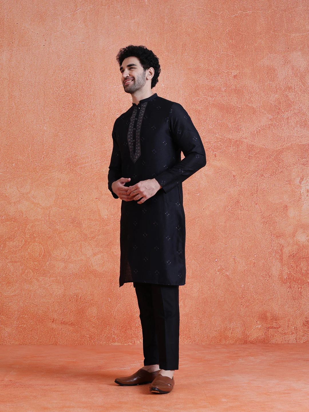 Black Silk Blend Jacquard Kurta Trouser Set - Image 3