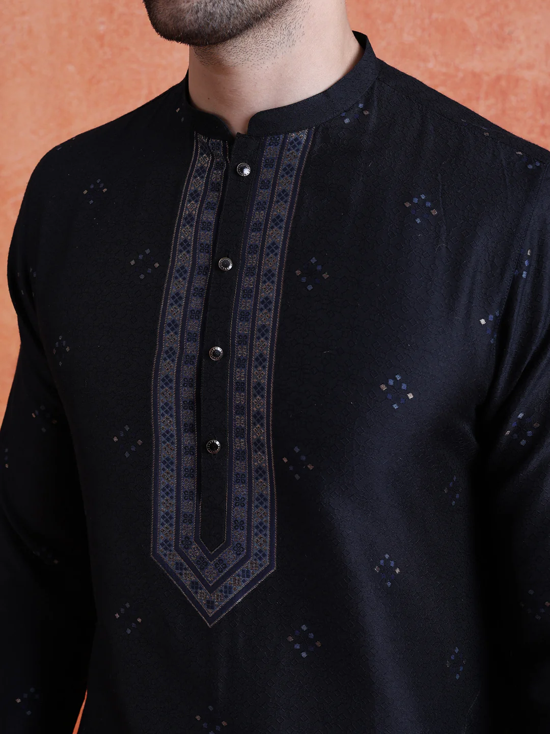 Black Silk Blend Jacquard Kurta Trouser Set - Image 5