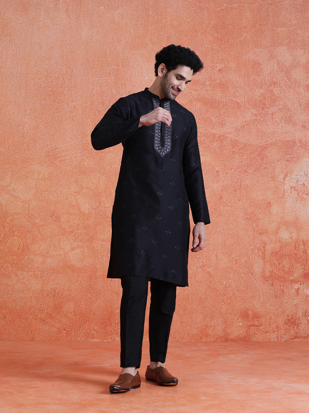 Black Silk Blend Jacquard Kurta Trouser Set - Image 7