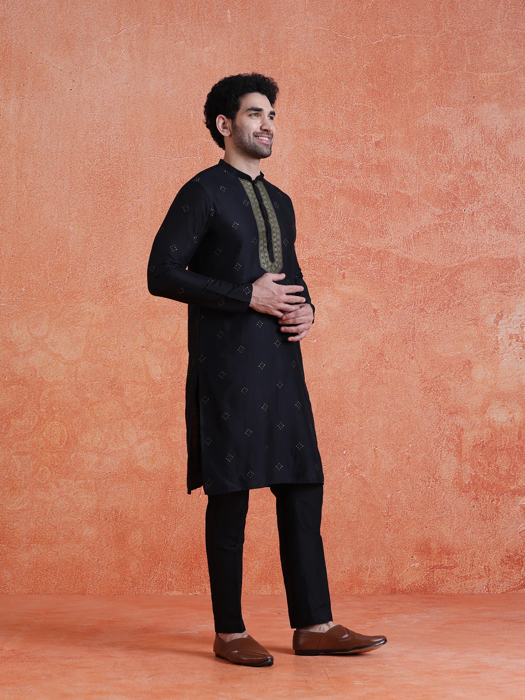 Black Silk Blend Jacquard Kurta Trouser Set - Image 2