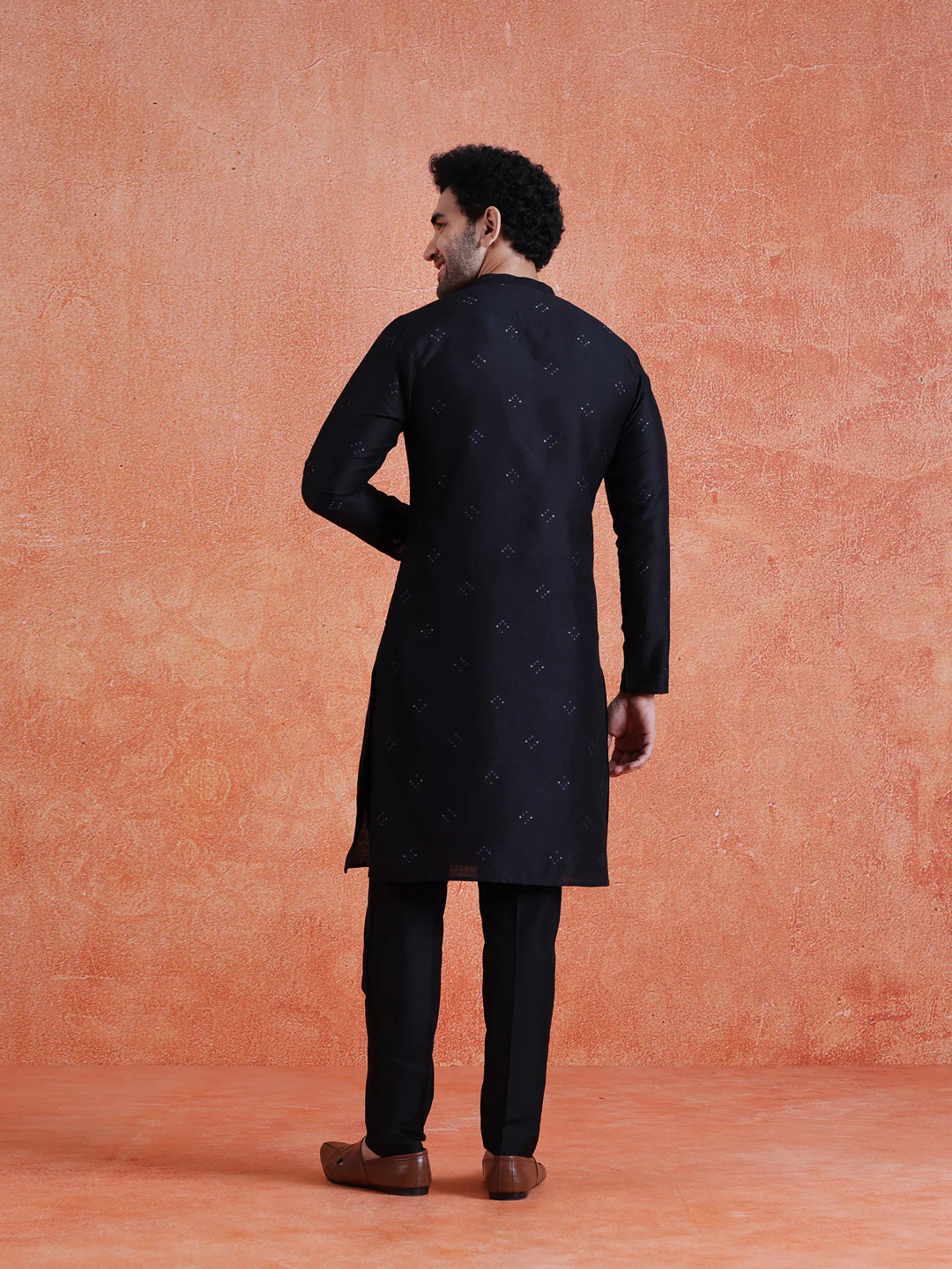 Black Silk Blend Jacquard Long Kurta - Image 4