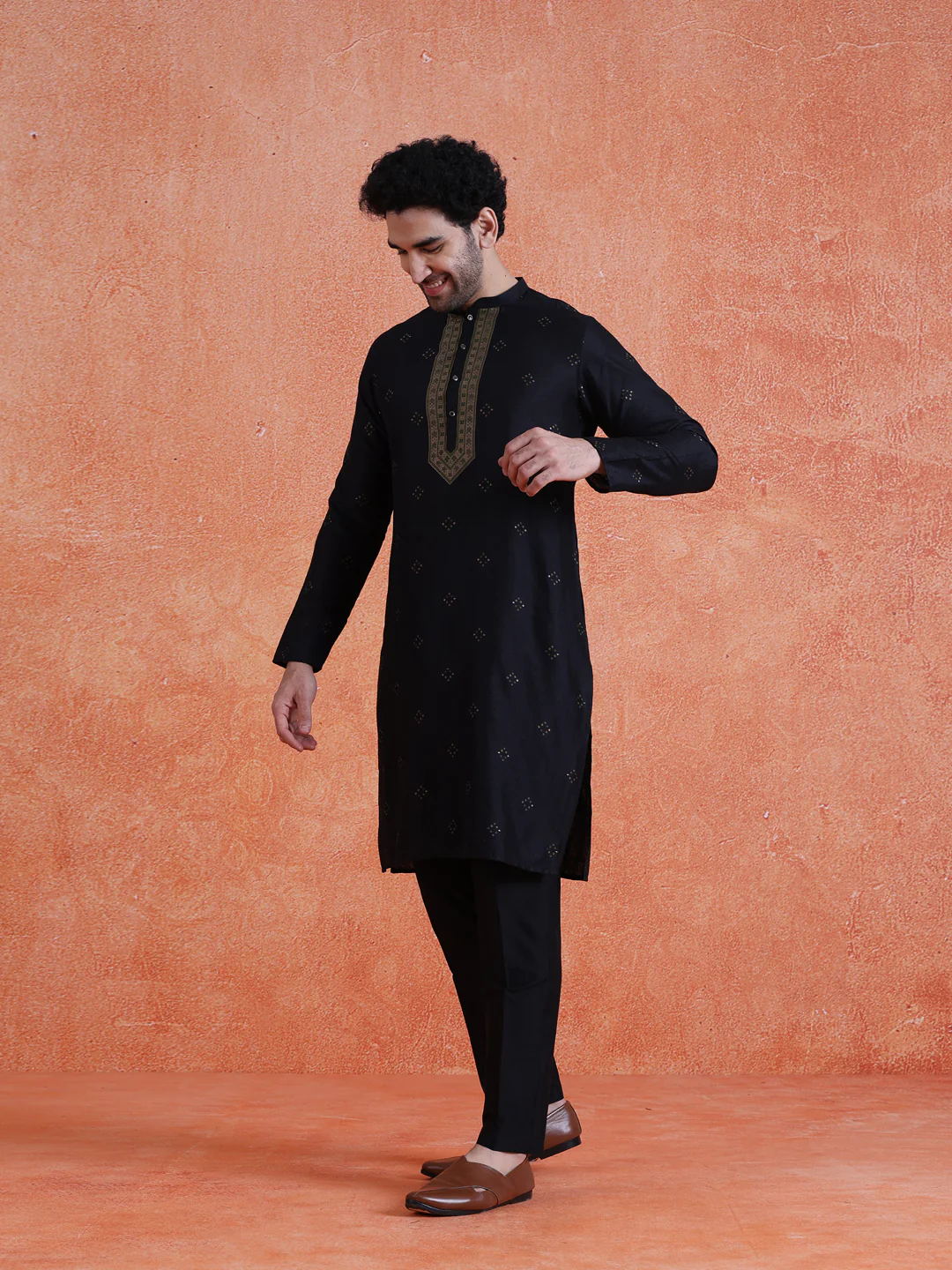 Black Silk Blend Jacquard Long Kurta - Image 3