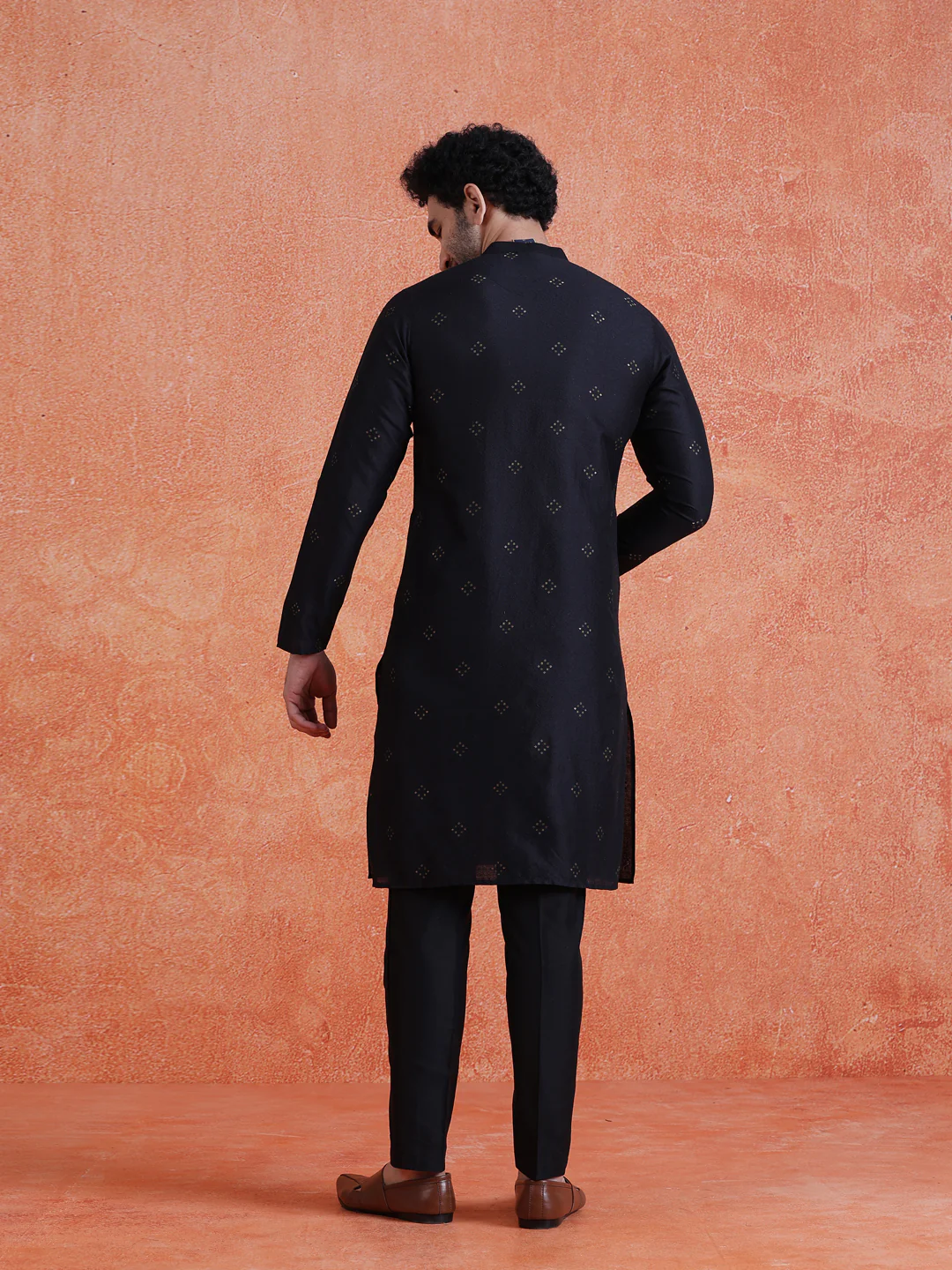 Black Silk Blend Jacquard Long Kurta - Image 4