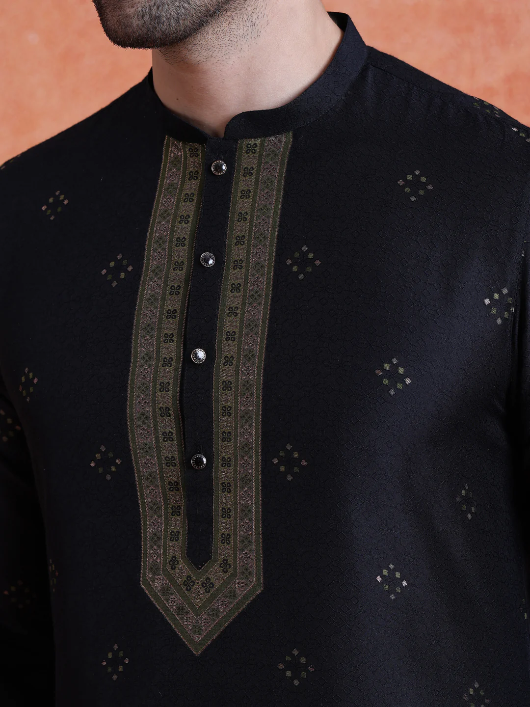Black Silk Blend Jacquard Long Kurta - Image 5