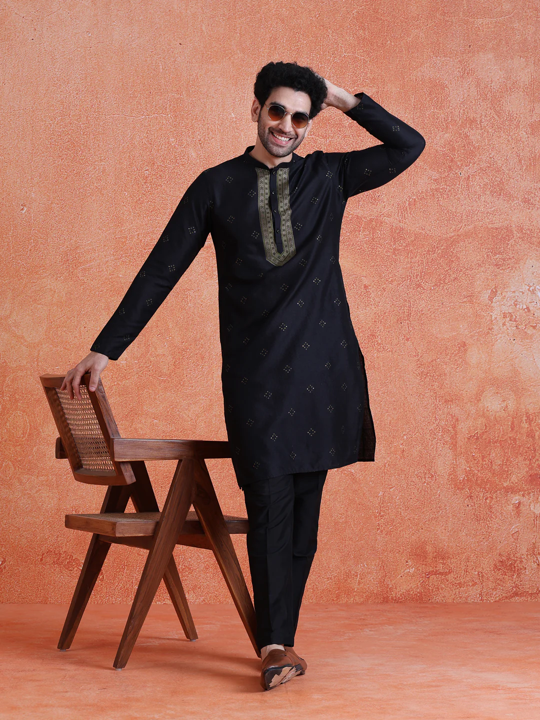 Black Silk Blend Jacquard Long Kurta - Image 6