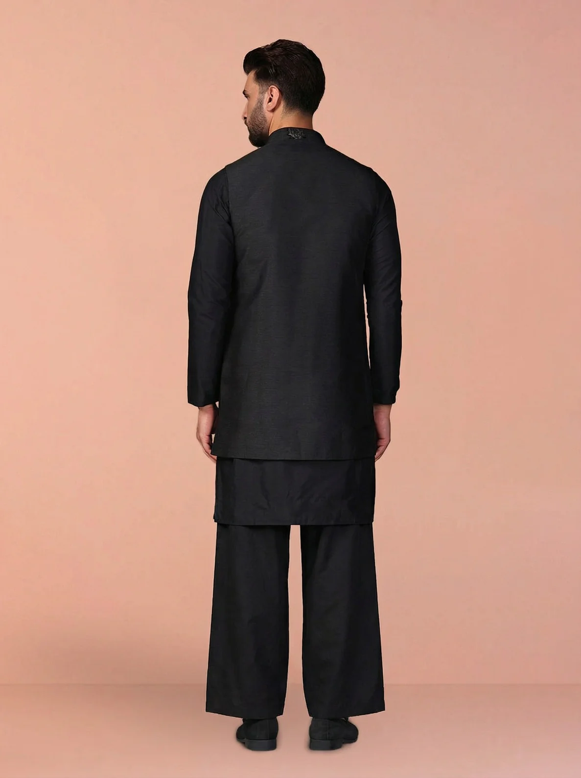 Black Silk Blend Jacquard Mid Kurta Front Open Jacket Wide Leg Trouser Set - Image 3