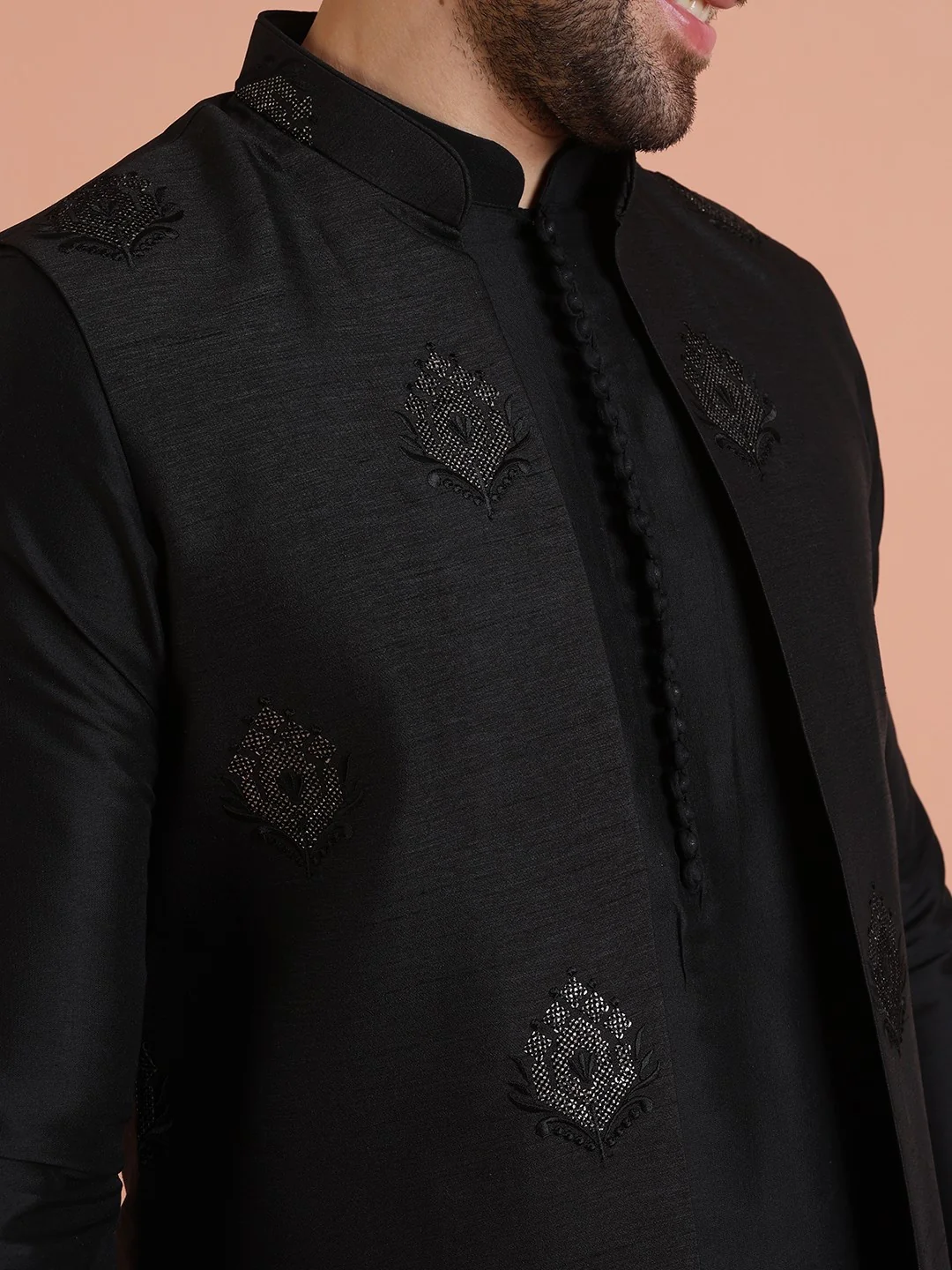 Black Silk Blend Jacquard Mid Kurta Front Open Jacket Wide Leg Trouser Set - Image 4