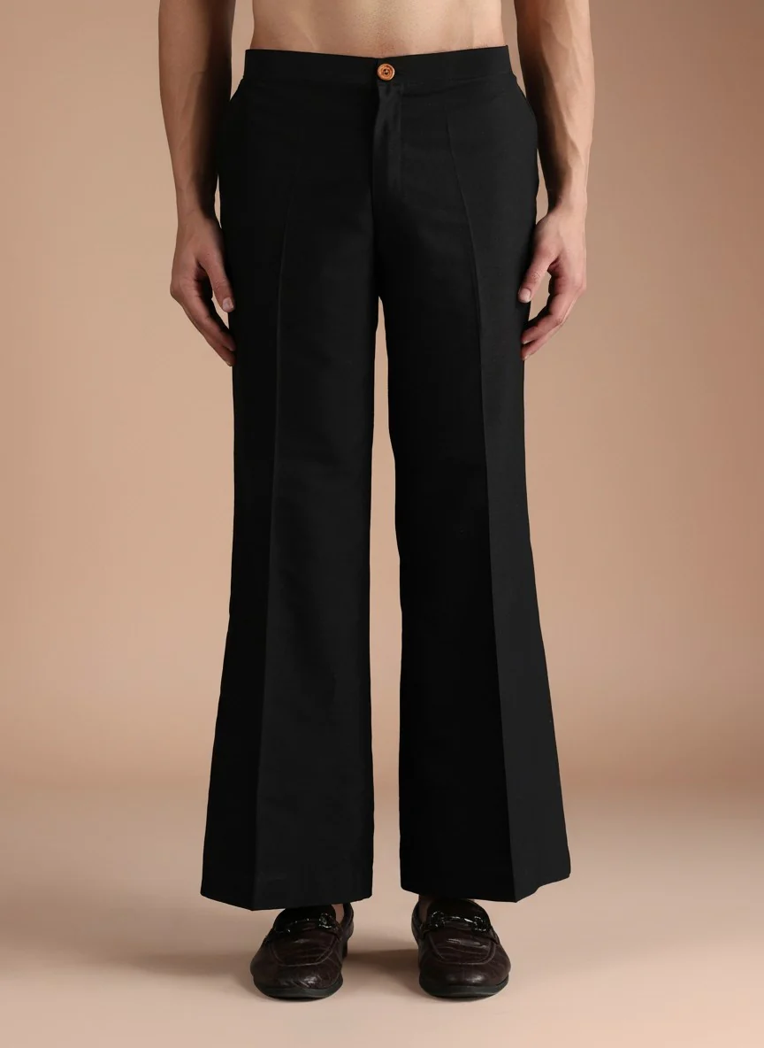 Black Silk Blend Jacquard Mid Kurta Front Open Jacket Wide Leg Trouser Set - Image 5