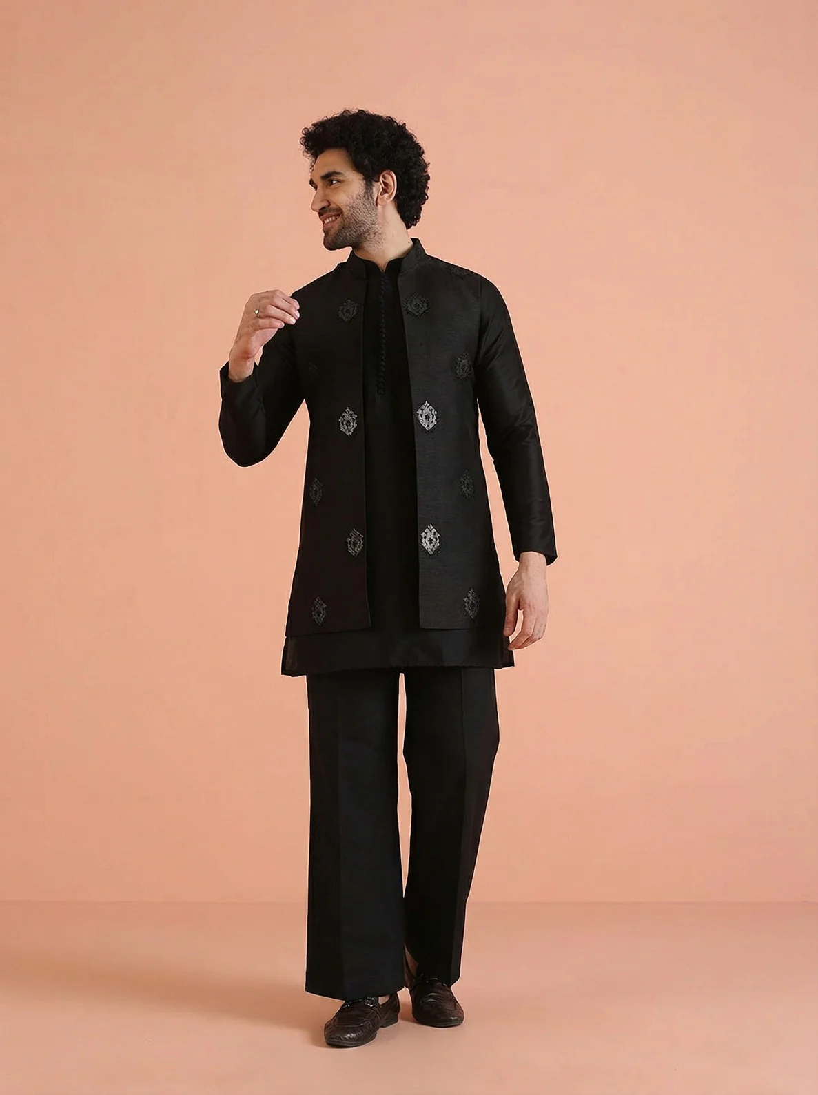 Black Silk Blend Jacquard Mid Kurta Front Open Jacket Wide Leg Trouser Set - Image 7