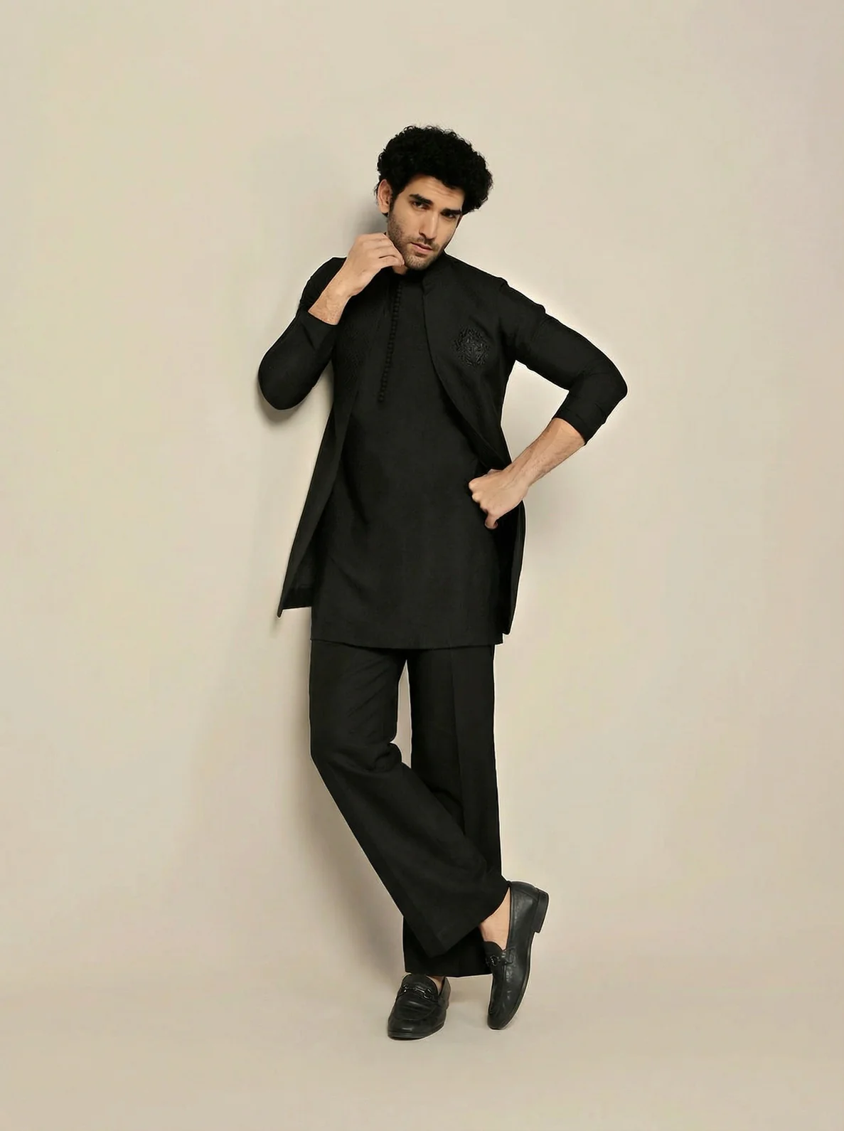 Black Silk Blend Jacquard Mid Kurta Front Open Jacket Wide Leg Trouser Set - Image 2
