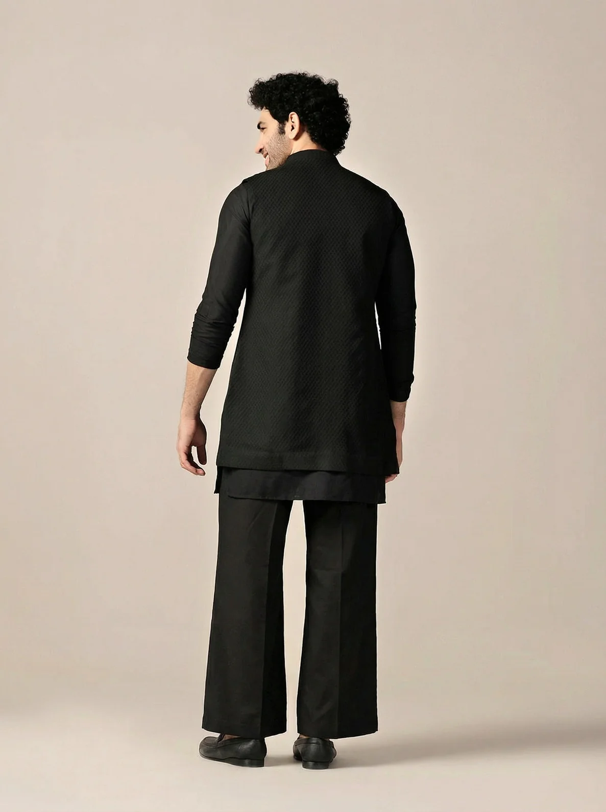 Black Silk Blend Jacquard Mid Kurta Front Open Jacket Wide Leg Trouser Set - Image 3